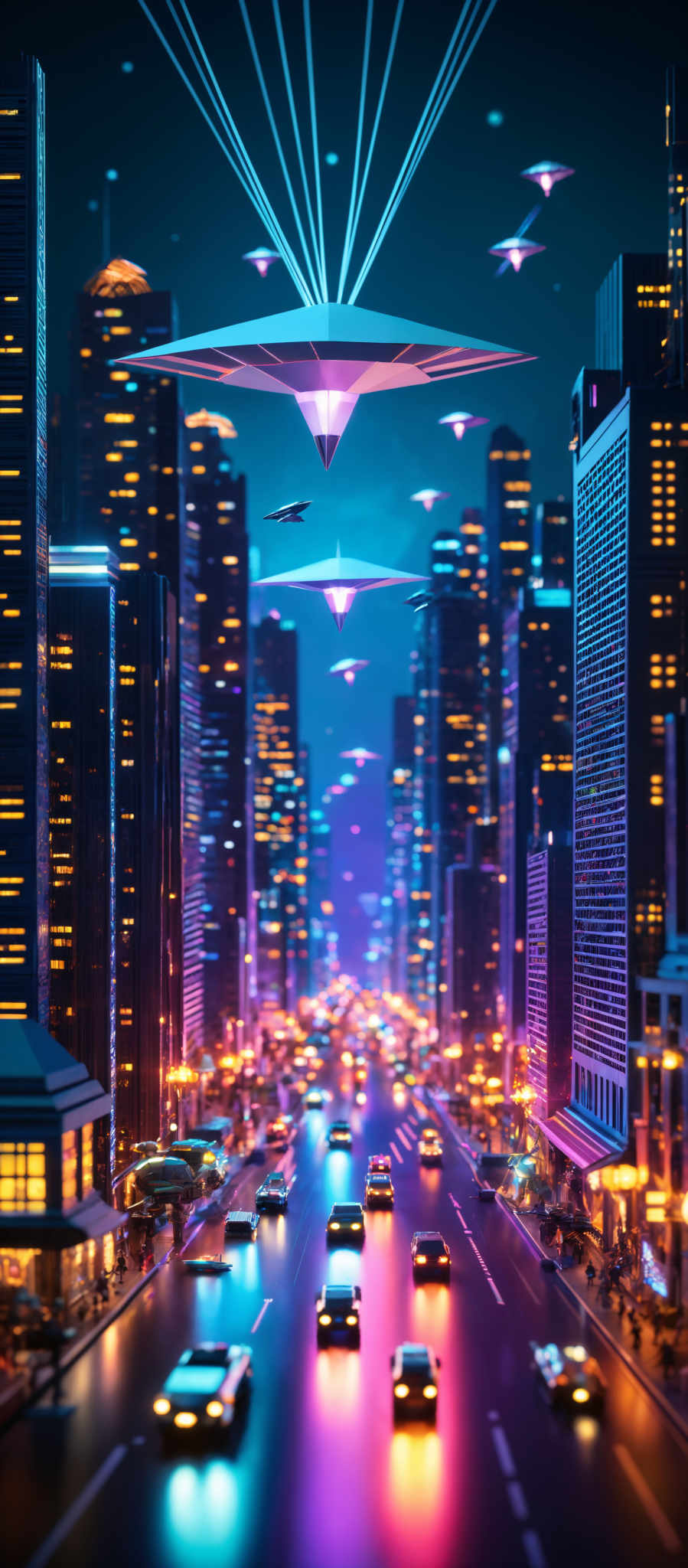 The image showcases a futuristic cityscape at night. The dominant colors are deep blues, purples, and neon pinks. The city is adorned with tall skyscrapers, some of which have unique designs and patterns. The streets are bustling with cars, and there are numerous lights illuminating the buildings and streets. Above the city, there are multiple flying saucer-like objects emitting beams of light. The overall ambiance of the image is vibrant, energetic, and suggests a high-tech urban environment.