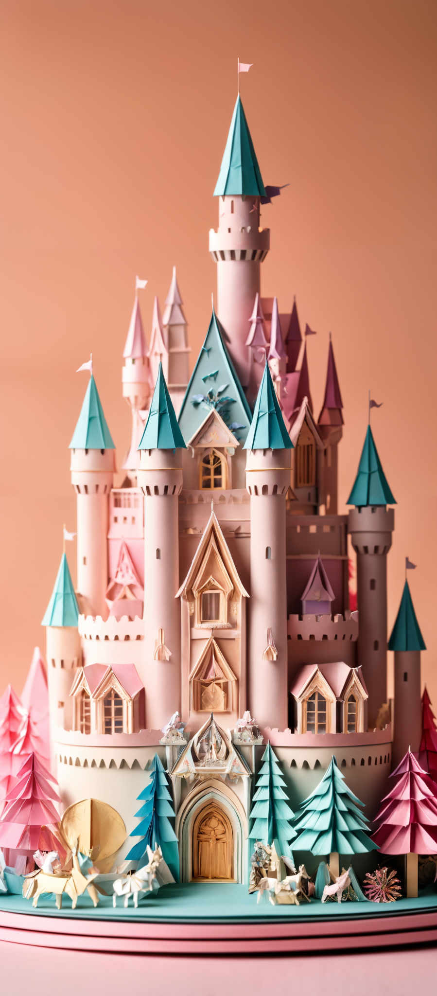 The image showcases a meticulously crafted castle made of paper. The castle is multi-tiered with turrets and battlements. The predominant colors used are pastel shades of pink, blue, and white. The turrets are colored in shades ranging from light blue to teal. The main entrance of the castle is adorned with golden details and a large ornate archway. In the foreground, there are miniature trees and animals, including horses and deer, painted in pastel colors. The entire scene is set against a soft peach-colored background.