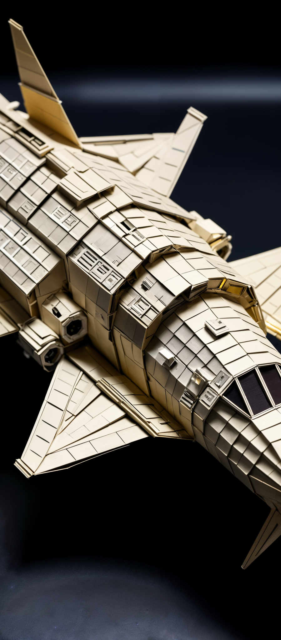 The image showcases a detailed model of a futuristic spacecraft. The spacecraft has a predominantly beige or tan color with intricate designs and patterns. It has a streamlined shape with pointed wings and a elongated body. The craft appears to have multiple sections, each with its own design, and there are various details like windows, panels, and antennas. The background is dark, emphasizing the craft's design and details.