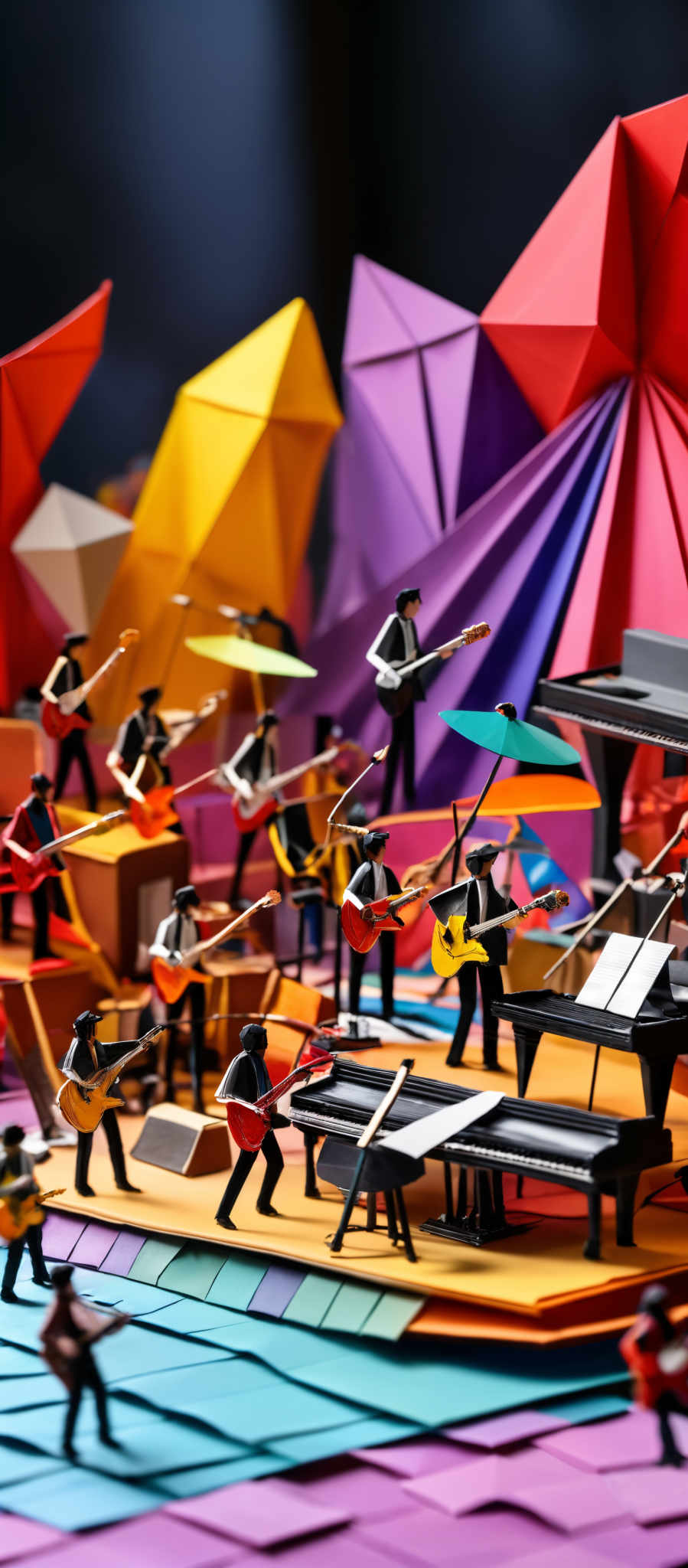 The image showcases a vibrant and colorful scene, predominantly featuring geometric shapes in hues of red, yellow, purple, and blue. The shapes resemble crystalline or faceted structures. The foreground of the image is populated with miniature figurines, seemingly musicians, playing various instruments like guitars, drums, and a piano. The setting appears to be a stage or concert, with musical equipment and instruments scattered around. The entire scene is meticulously crafted, giving it a three-dimensional appearance, and is set against a backdrop of these geometric shapes.