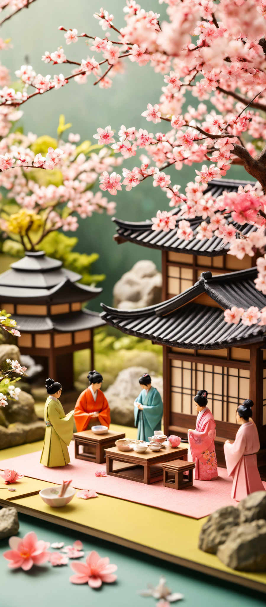 The image showcases a serene scene with traditional Japanese architecture. The dominant color is a soft green, representing the background. The foreground features cherry blossom trees in full bloom, with pink flowers cascading down. There are miniature figures dressed in traditional Japanese clothing, seated around a low table. The table has various items, including bowls and a teapot. The architecture consists of wooden structures with tiled roofs, and there are rocks scattered around the scene. The overall ambiance is peaceful and evokes a sense of traditional Japanese culture.