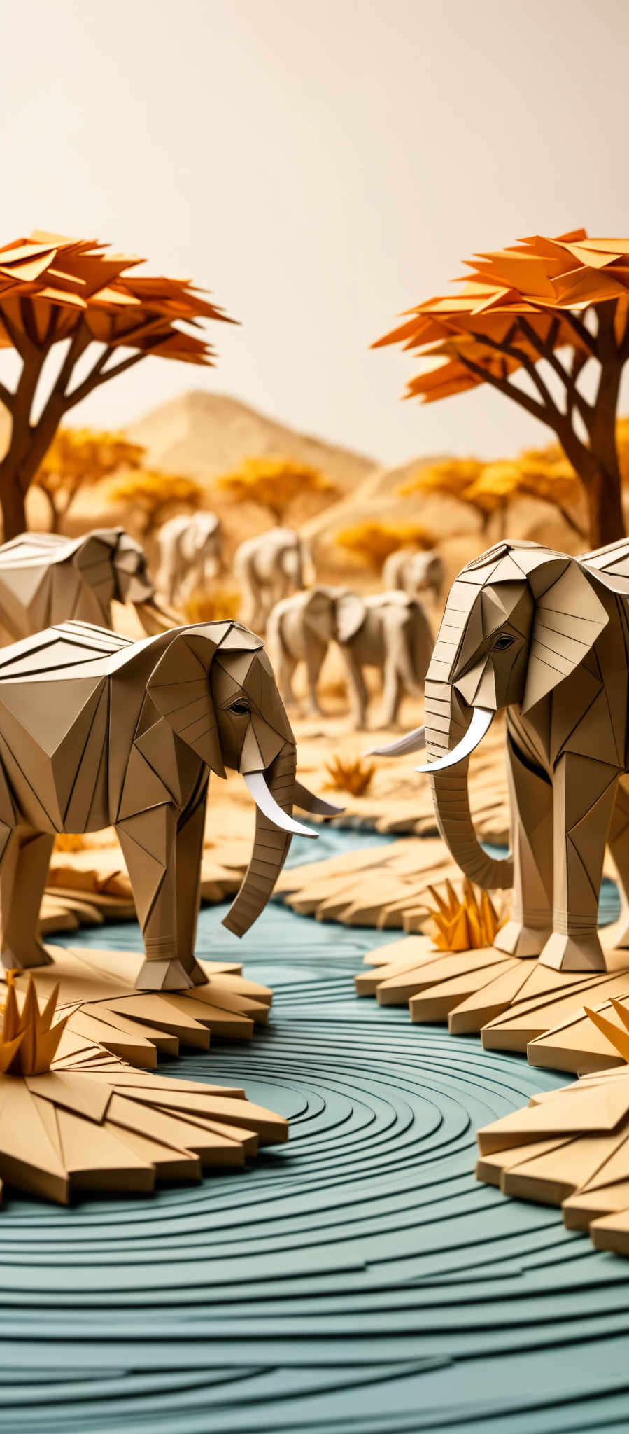 The image showcases a meticulously crafted scene with origami-style elephants and trees. The elephant figures are predominantly in shades of beige and brown, with intricate geometric patterns on their bodies. They are positioned near a water body with curved, layered banks. The trees, with their vibrant orange foliage, are tall and have a unique, fan-like shape. The background reveals more of these origami elephans and trees, set against a backdrop of rolling hills.