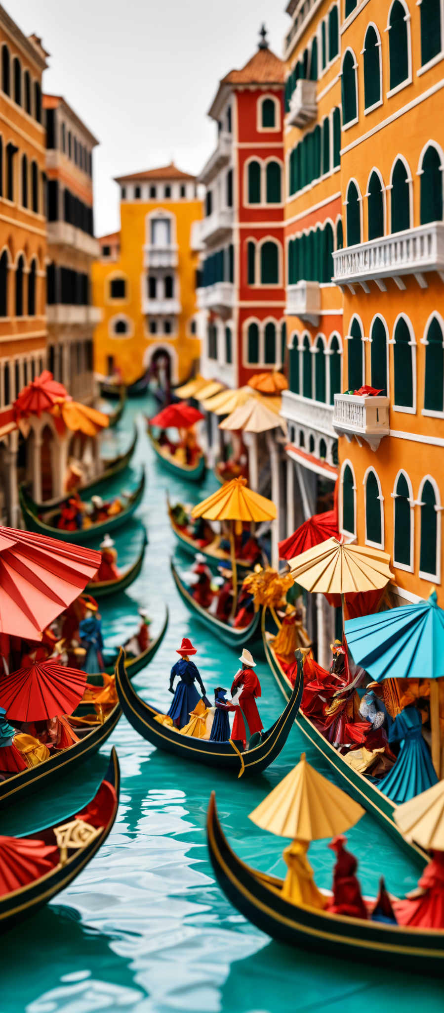 The image showcases a vibrant and detailed miniature representation of a canal in what appears to be Venice, Italy. The canal is lined with colorful buildings, each with distinct architectural features like arched windows and balconies. Gondolas, adorned with colorfully patterned umbrellas, float along the canal, with gondoliers in traditional attire rowing them. The water in the canal is a serene turquoise, reflecting the buildings and the boats. The overall scene is a blend of art and architecture, capturing the essence of Venetian life.