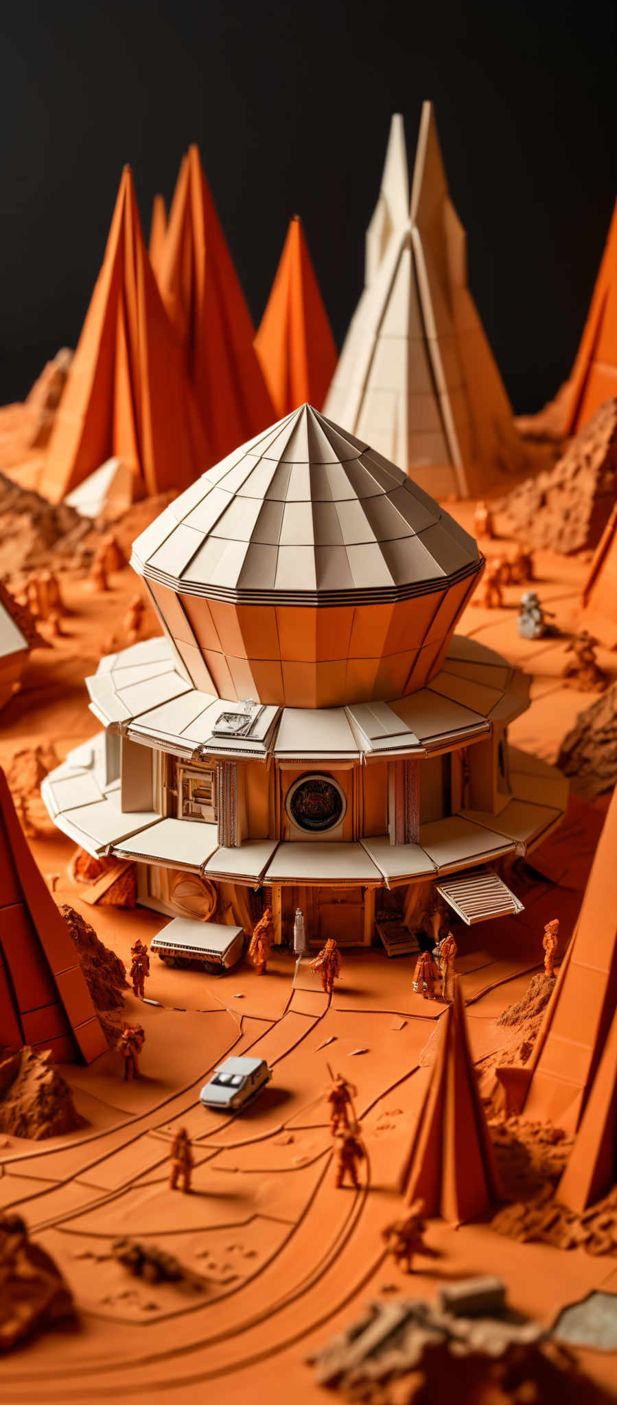 The image showcases a scene with predominantly warm colors, primarily shades of orange and beige. The central focus is a futuristic-looking building with a dome-like structure, surrounded by smaller triangular structures. The ground is textured with patterns resembling dunes or sand, and there are miniature figures, possibly astronauts or explorers, scattered around. There are also vehicles, possibly spacecrafts, and craters on the ground. The entire setting gives an impression of a desert-like extraterrestrial landscape.