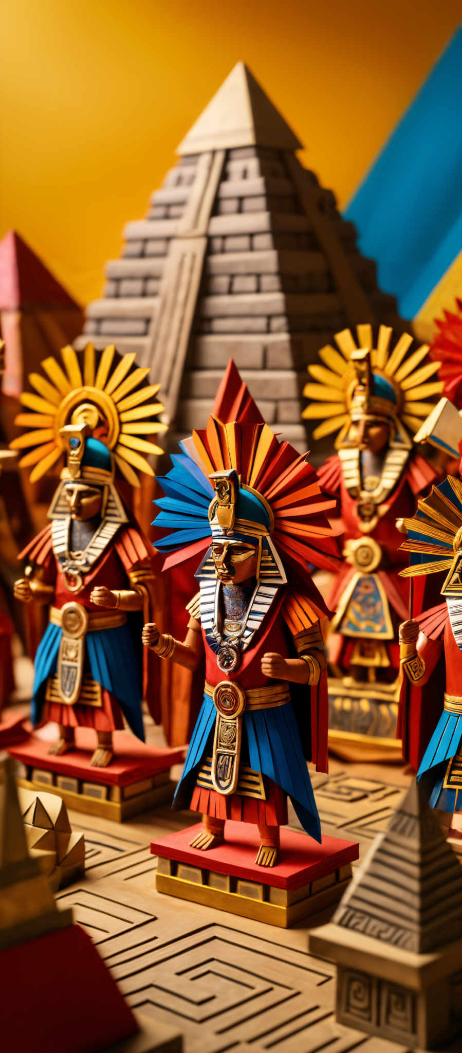 The image showcases intricately designed figures that appear to be inspired by ancient Aztec or Mesoamerican culture. These figures are adorned with vibrant colors, primarily red, blue, and gold. They wear headdresses with large sun-like protrusions, and their attire is detailed with intricate patterns and symbols. The background features structures resembling pyramids and temples, further emphasizing the ancient setting.