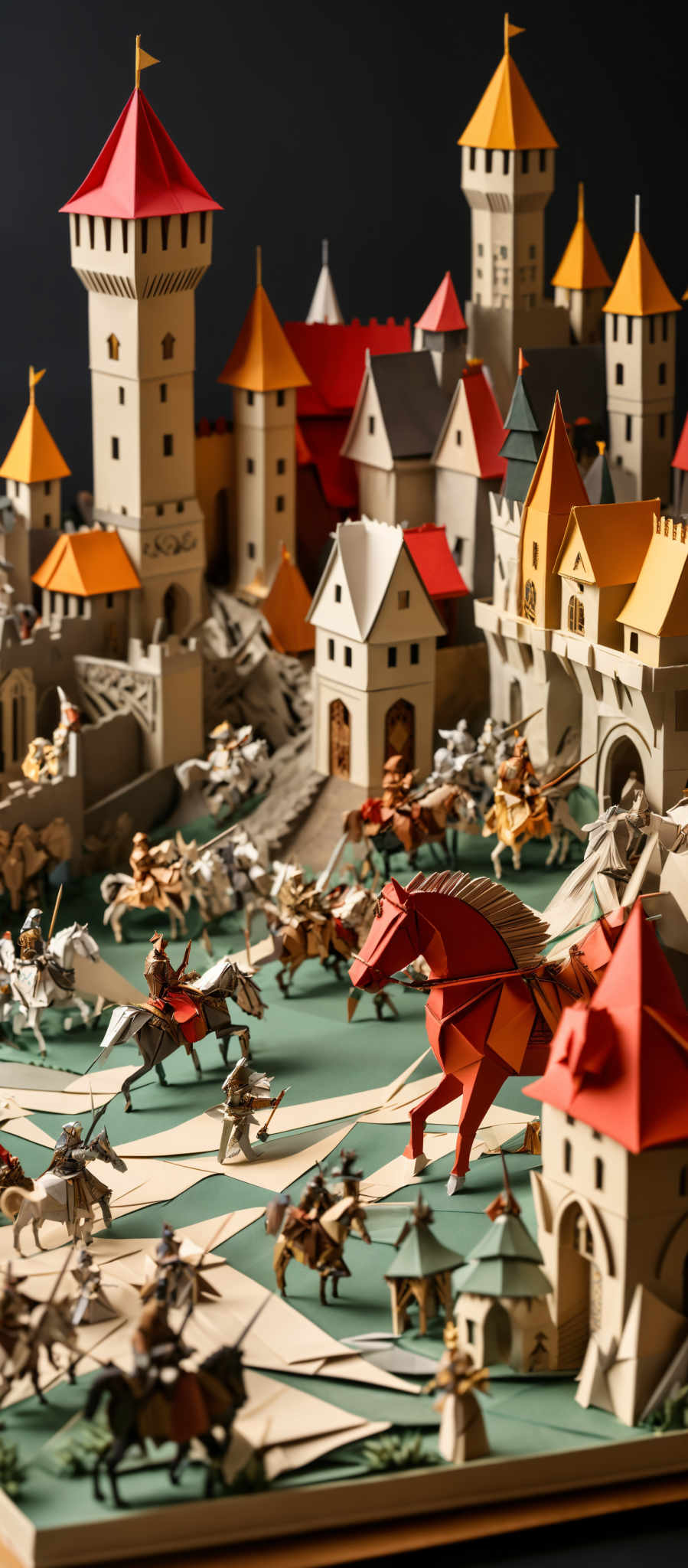 The image showcases a meticulously crafted diorama of a medieval town or castle. The buildings are predominantly in shades of beige, brown, and red, with distinct conical and rectangular rooftops. The castle towers have pointed red and yellow cones, and there are flags hoisted atop them. The town is surrounded by green fields, and the foreground is dominated by miniature soldiers and horses, engaged in what appears to be a battle. There's also a prominent red origami horse in the center, which stands out due to its vibrant color.