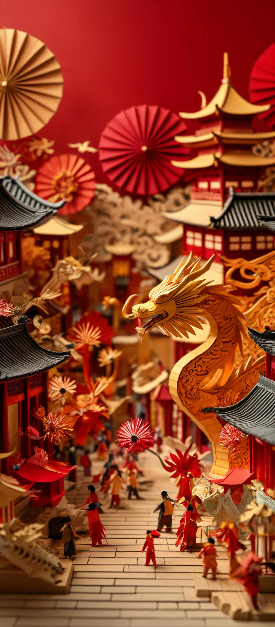 The image showcases a vibrant and intricate scene, predominantly in shades of red and gold. The central focus is a golden dragon, intricately designed with detailed patterns, soaring above traditional Chinese buildings. These buildings have distinctive red roofs, ornate carvings, and are surrounded by various elements like paper fans, lanterns, and miniature people in traditional attire. The entire scene is set against a deep red backdrop, creating a sense of depth and richness.