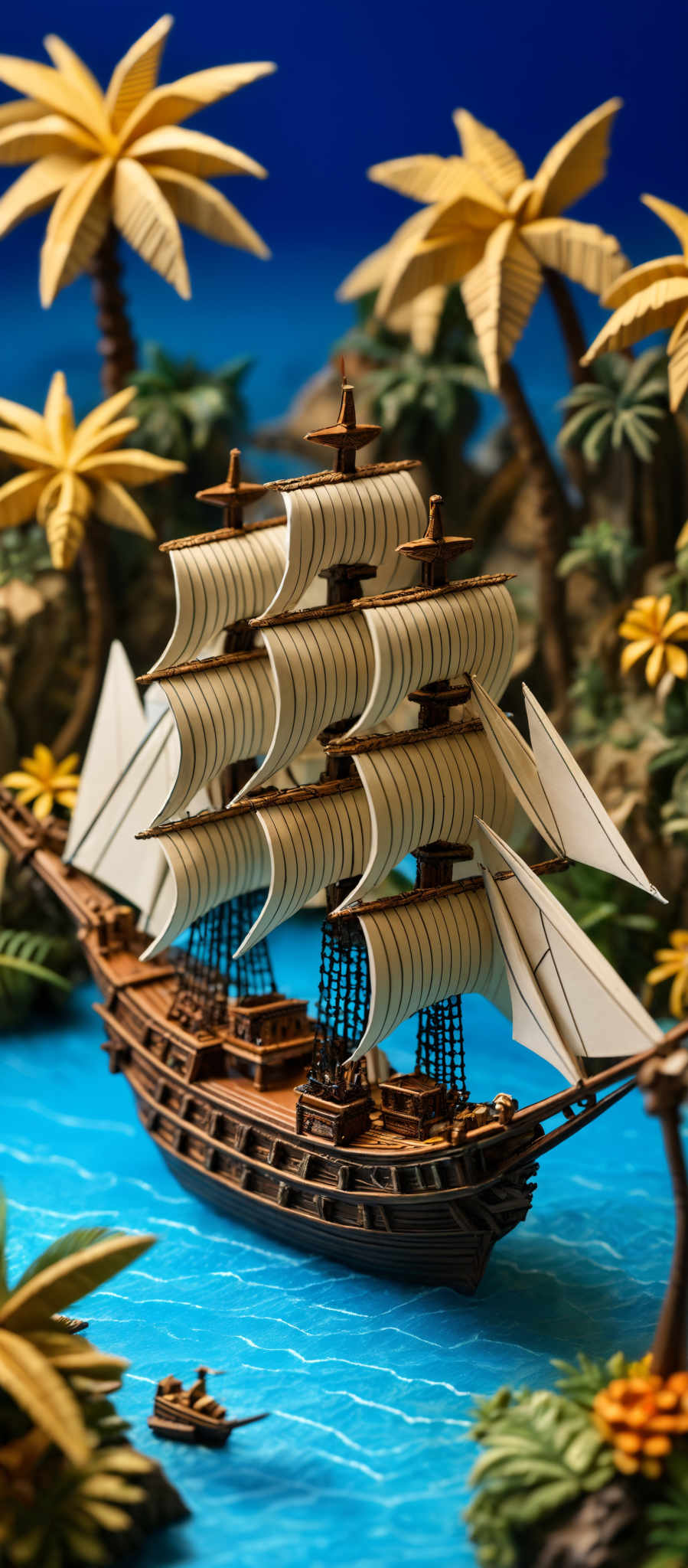 The image showcases a detailed miniature of a sailing ship with multiple masts and sails. The ship is anchored in a serene blue lagoon surrounded by lush greenery, including palm trees and tropical plants. There's also a smaller boat nearby with a few figures aboard. The backdrop is a vibrant blue sky, and the entire scene is meticulously crafted, giving it a realistic and picturesque appearance.