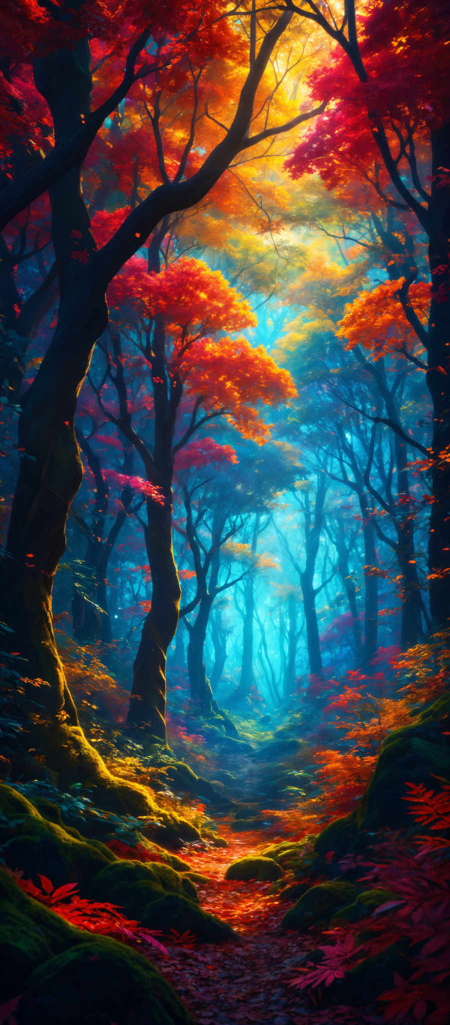 The image showcases a breathtaking forest during autumn. The dominant colors are vibrant shades of red, orange, and blue. The trees have twisted and gnarled trunks, and their leaves are a mix of fiery reds and oranges, contrasting beautifully with the cool blue hues of the sky filtering through the canopy. The forest floor is covered with fallen leaves, creating a carpet of red and orange. The play of light and shadow adds depth and dimension to the scene, making it appear almost ethereal.