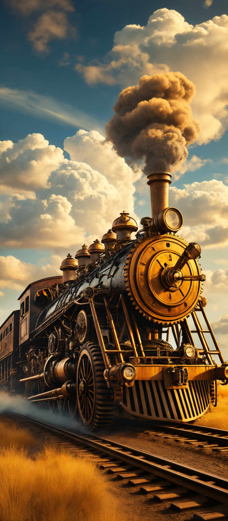 The image showcases a vintage steam locomotive. The train is predominantly black and gold, with intricate details and gears visible. It's emitting thick white smoke from its chimney. The background features a vast landscape with golden fields, a clear blue sky with fluffy white clouds, and a setting or rising sun casting a warm golden hue over everything.