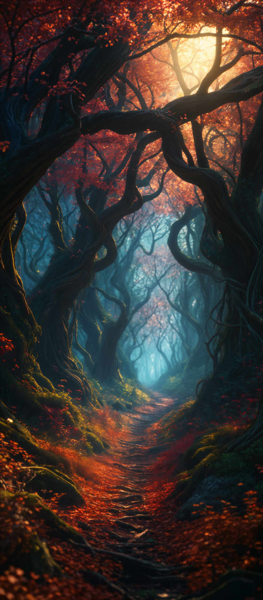 The image showcases a captivating forest scene during autumn. The dominant colors are shades of red, orange, and green. The trees have twisted and gnarled trunks, and their branches are adorned with vibrant red leaves. The forest floor is covered in fallen leaves, creating a carpet of red and orange hues. A pathway, seemingly made of stone, winds through the forest, leading the viewer's eye deeper into the scene. The light filtering through the trees casts a warm, golden glow, adding to the magical ambiance of the setting.