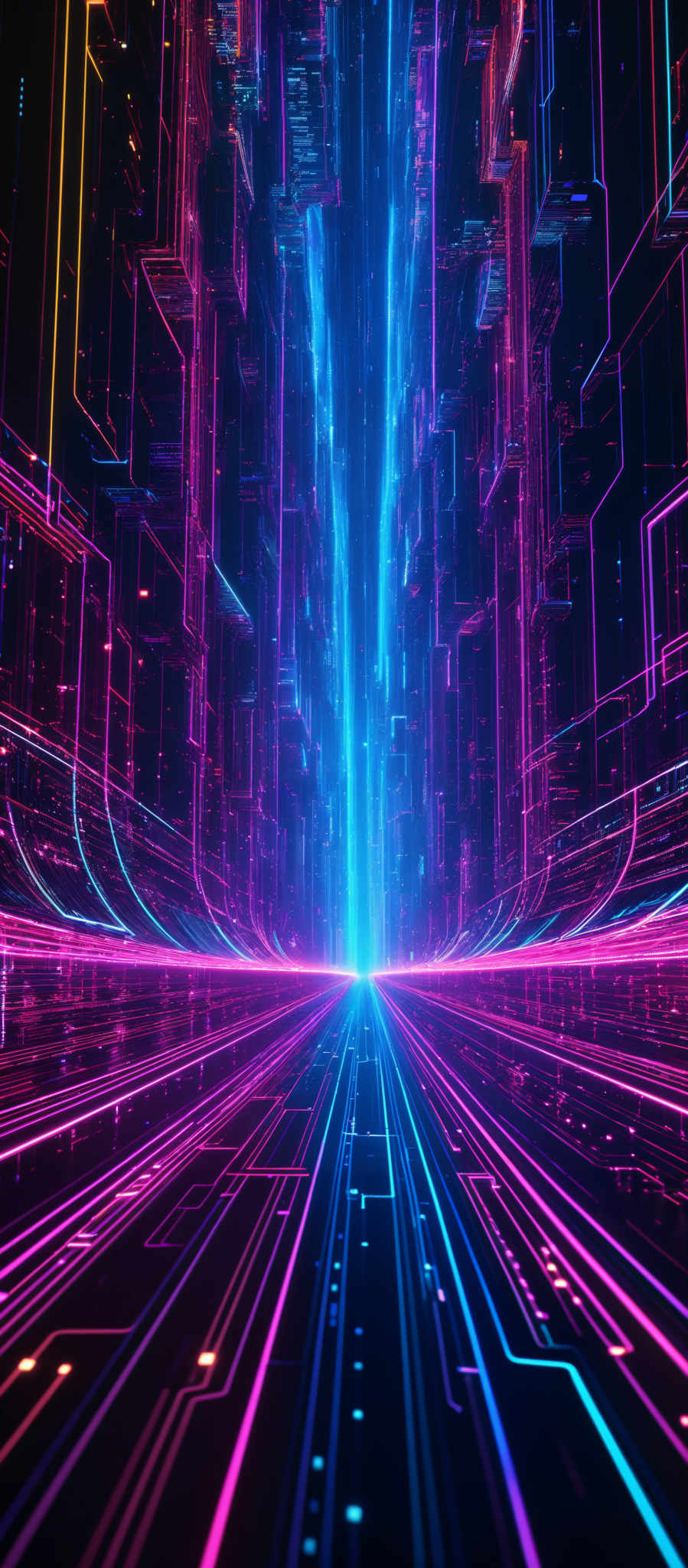 The image showcases a vibrant and futuristic digital landscape. It predominantly features hues of pink, blue, and neon green. The shapes are geometric, resembling a combination of rectangles, lines, and curves. The central structure appears to be a towering structure with multiple layers, emitting a bright blue glow. The ground is adorned with intricate patterns of lines and curves, reflecting the surrounding structures, and it seems to be made of a shiny, metallic surface.