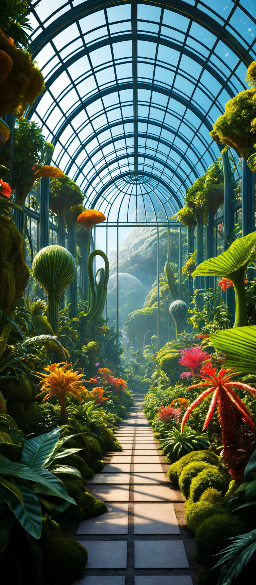 The image showcases a vibrant and lush greenhouse or conservatory. The dominant colors are various shades of green, representing the abundant foliage. The architecture of the greenhouse is characterized by a large, arching glass ceiling supported by multiple pillars. The floor is paved with rectangular tiles, and there's a clear pathway leading through the center. The greenhouse contains a variety of plants, including large mushrooms, ferns, and colorful flowers. The overall ambiance is serene and nature-filled, with sunlight filtering through the glass, casting a soft glow on the plants.