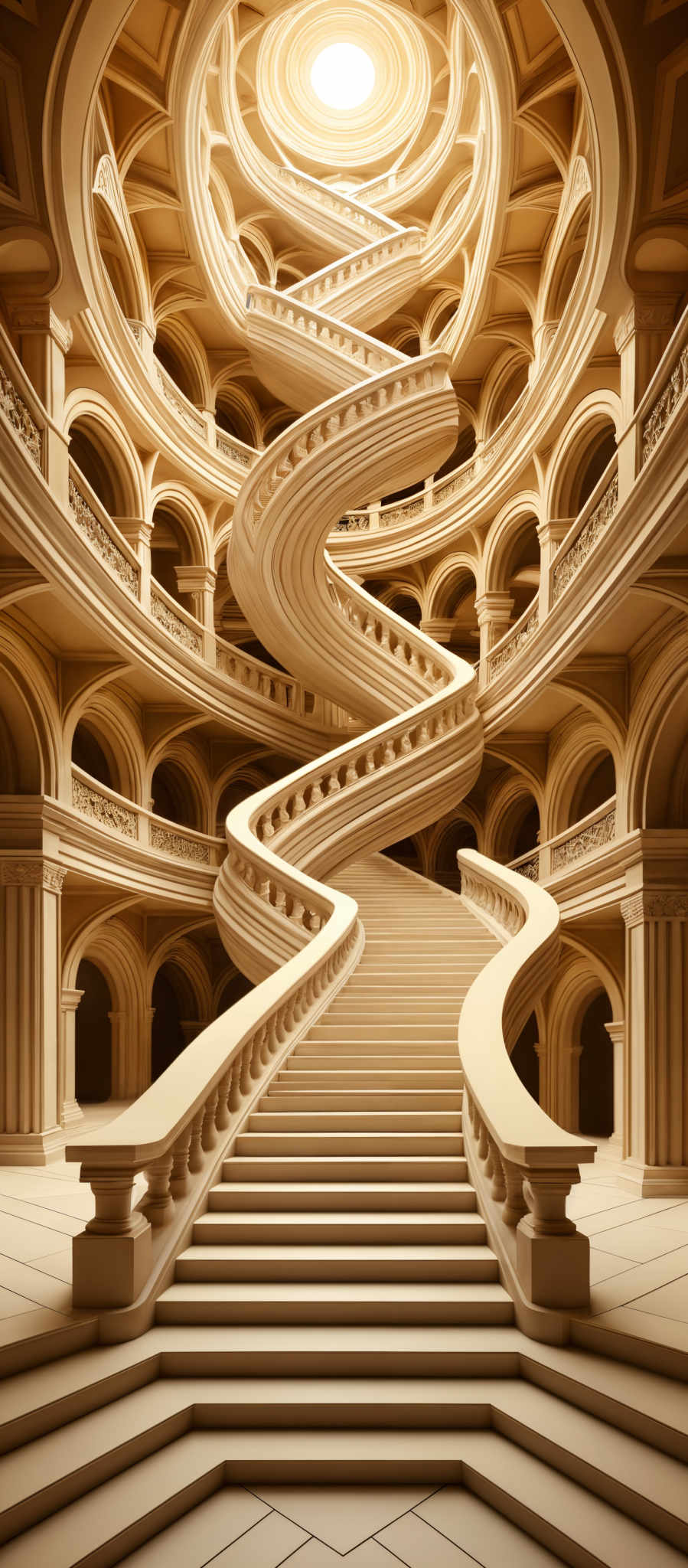 The image showcases a grand architectural structure with intricate details. The dominant color is a warm beige or tan, giving it a classic and timeless feel. The structure features multiple spiraling staircases that intertwine with each other, creating a helical pattern. The architecture is adorned with ornate balustrades, arches, and carved details. Above the staircase, there's a circular opening that emits a soft glow, illuminating the space below. The overall design exudes opulence and grandeur, reminiscent of historic European palaces or cathedrals.