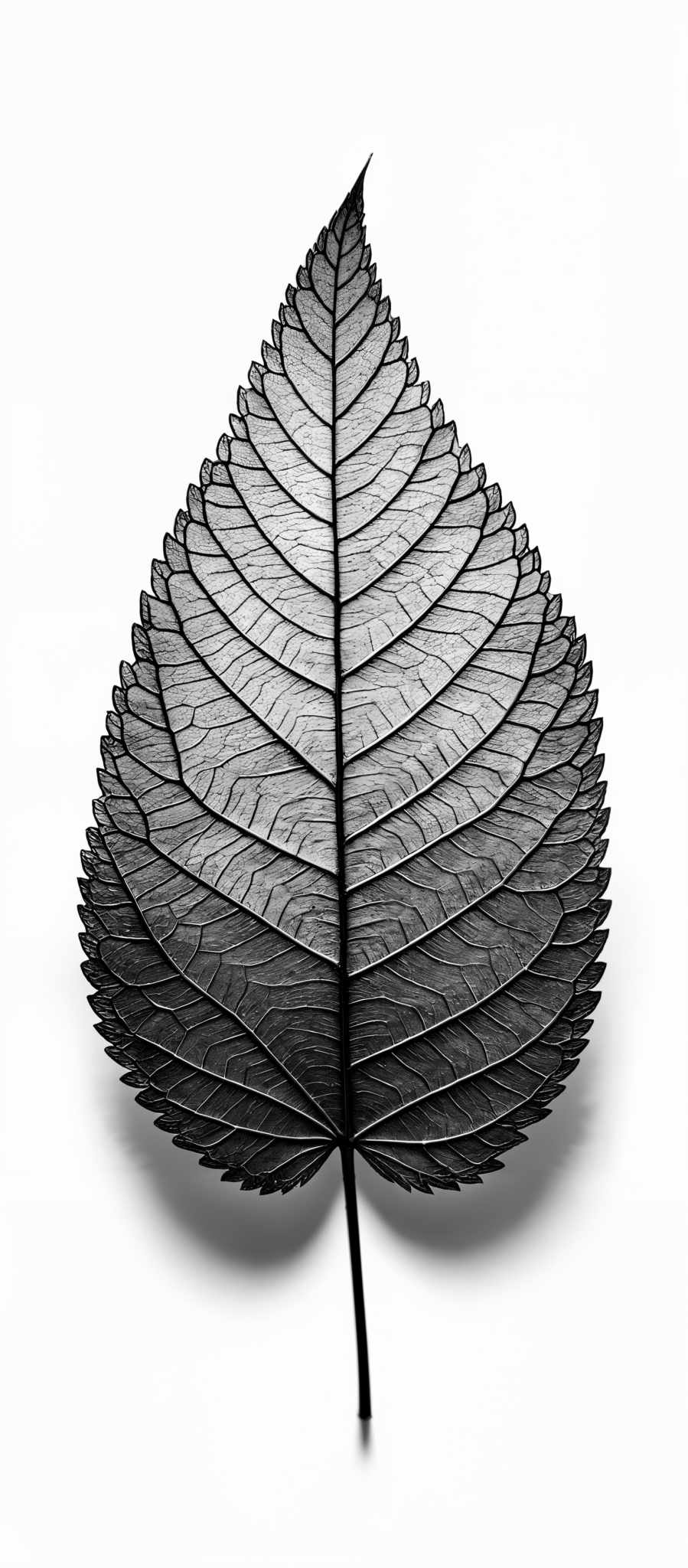 The image showcases a leaf with a pointed tip and a slightly elongated shape. The leaf is intricately detailed with visible veins running throughout its structure. The color palette is monochromatic, primarily consisting of shades of black and white, giving the image a stark and contrasting appearance.