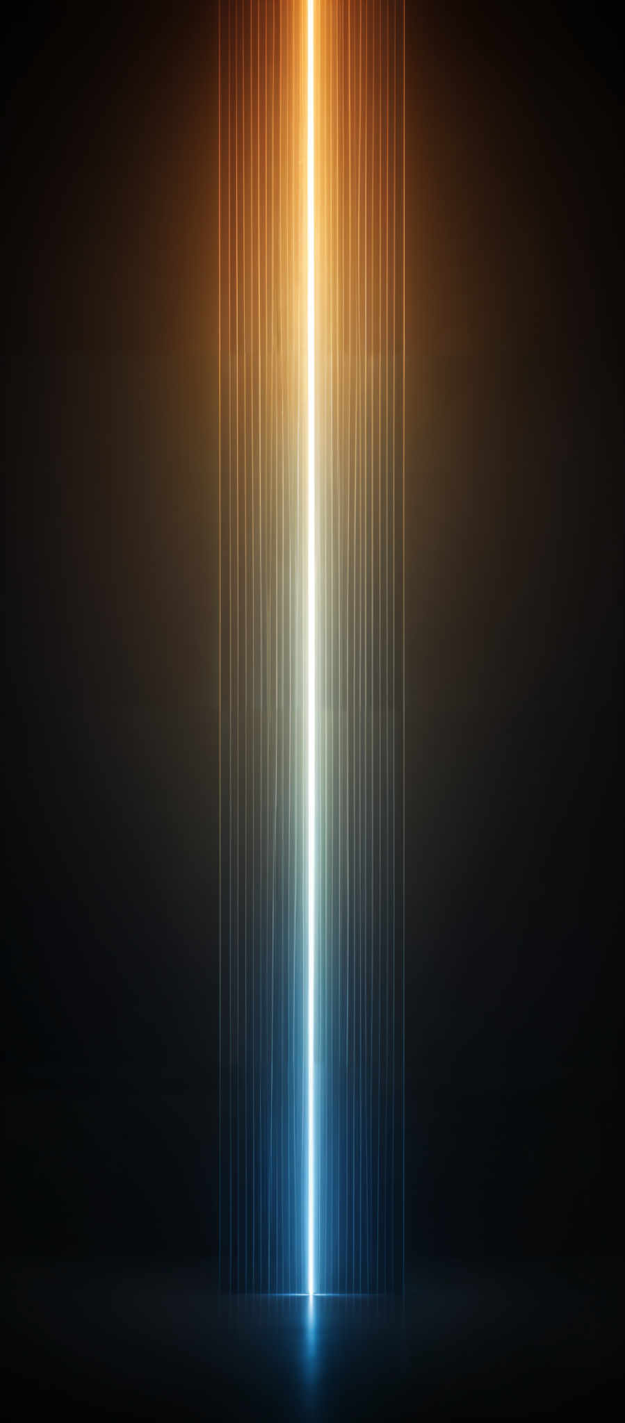 The image showcases a vertical alignment of two distinct colors: a bright orange on the left and a deep blue on the right. These colors are separated by a thin vertical line of white. The background is predominantly dark, creating a stark contrast between the colors and the surroundings. The overall shape is vertical and symmetrical, giving an impression of a vertical beam or column of light.