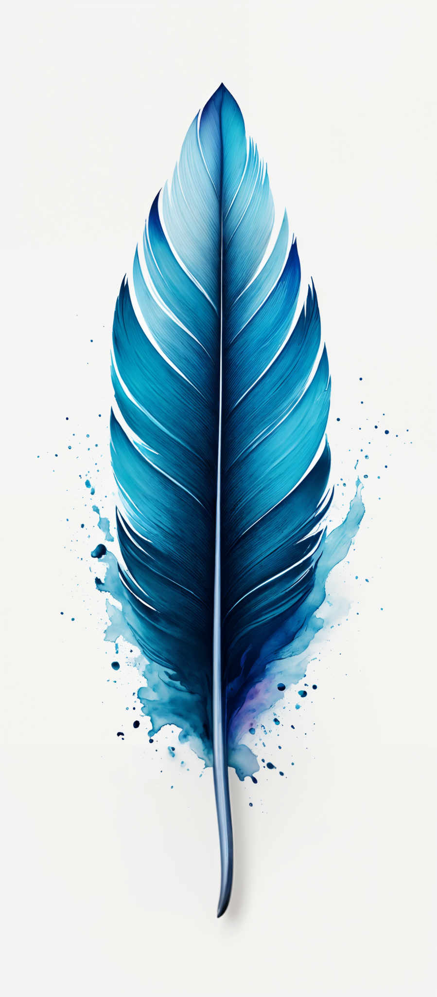 The image showcases a vibrant, watercolor-style depiction of a feather. The feather is predominantly in shades of blue, ranging from light to dark. The intricate details of the feather's structure, including the veins and the gradient of color, are beautifully captured. The background is white, which accentuates the blue hues of the bird. Splashes of watercolor paint, primarily in blue and purple, surround the feathers, giving it a dynamic and artistic feel.