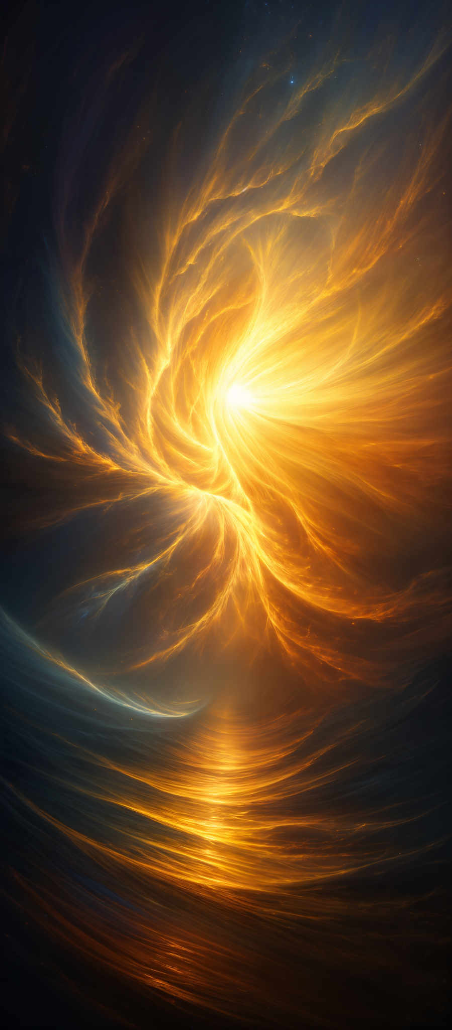 The image showcases a mesmerizing cosmic scene. Dominated by deep blues and fiery oranges, it depicts swirling galaxies, nebulae, and cosmic clouds. The central focus is a radiant sun or star emitting a brilliant light that illuminates the surrounding space. This light casts a reflection on a serene body of water below, creating a contrast between the chaotic cosmos above and the tranquil waters below.