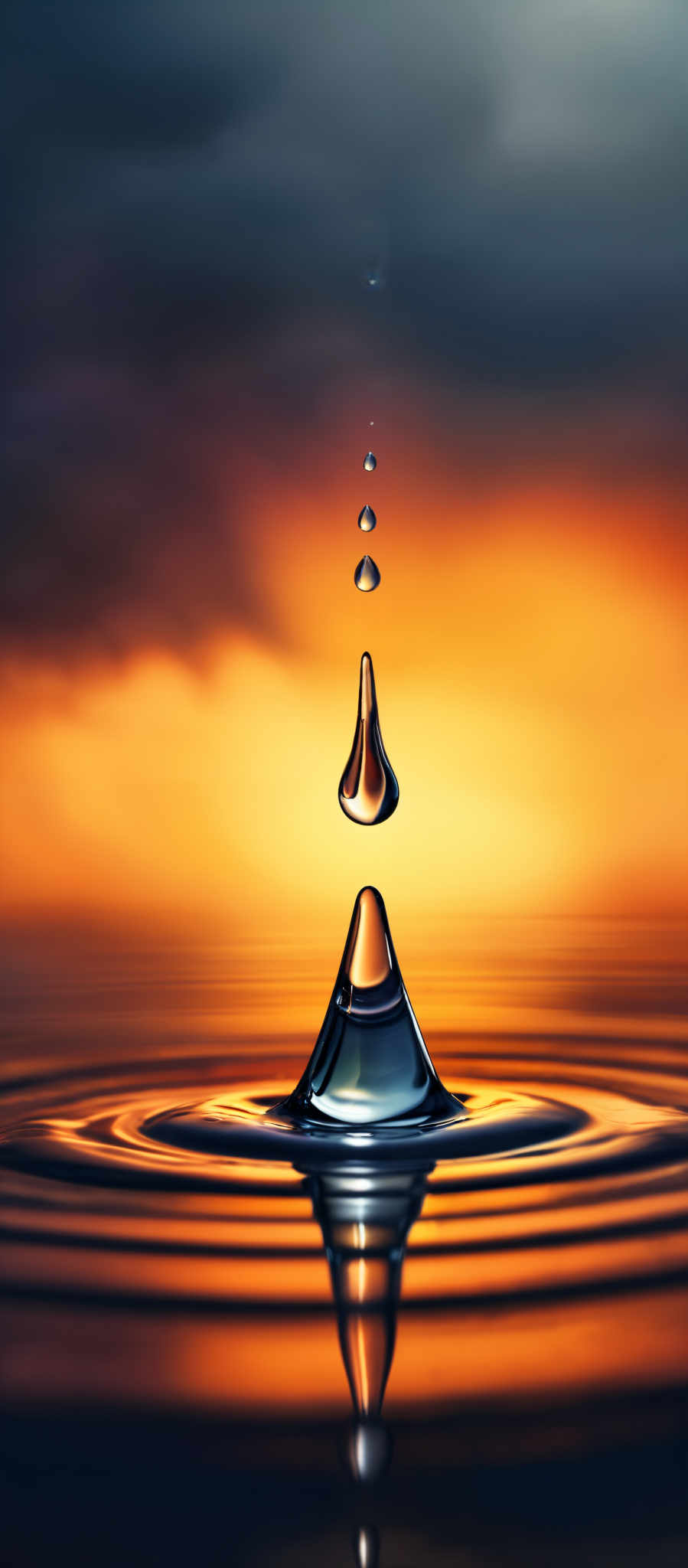 The image showcases a series of water droplets, with the largest one at the bottom forming a cone-like shape. As we move upwards, smaller droplet shapes are seen, with each one appearing to be captured at a specific moment in time, showcasing the motion of the droplettes. The background displays a dramatic sunset with hues of orange, red, and purple, creating a contrast with the dark silhouette of what appears to be a mountain or rock formation. The water surface reflects these colors, creating ripples that further enhance the visual appeal of the scene.