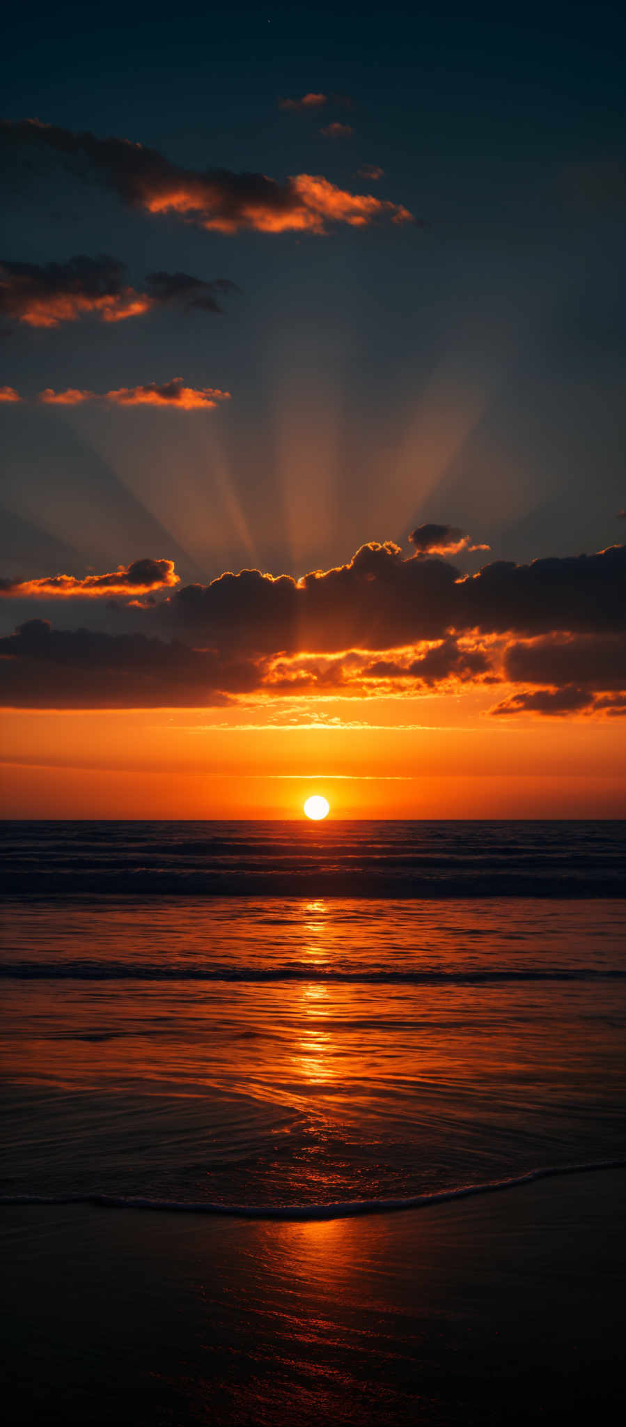 The image showcases a breathtaking sunset over a calm sea. The sky is painted with hues of deep blue transitioning to fiery orange and gold near the horizon. The sun is captured just above the water, casting a brilliant reflection on the water's surface. Dark, dramatic clouds are scattered across the sky, adding depth and contrast to the scene. The horizon line is clearly visible, separating the sky from the sea.