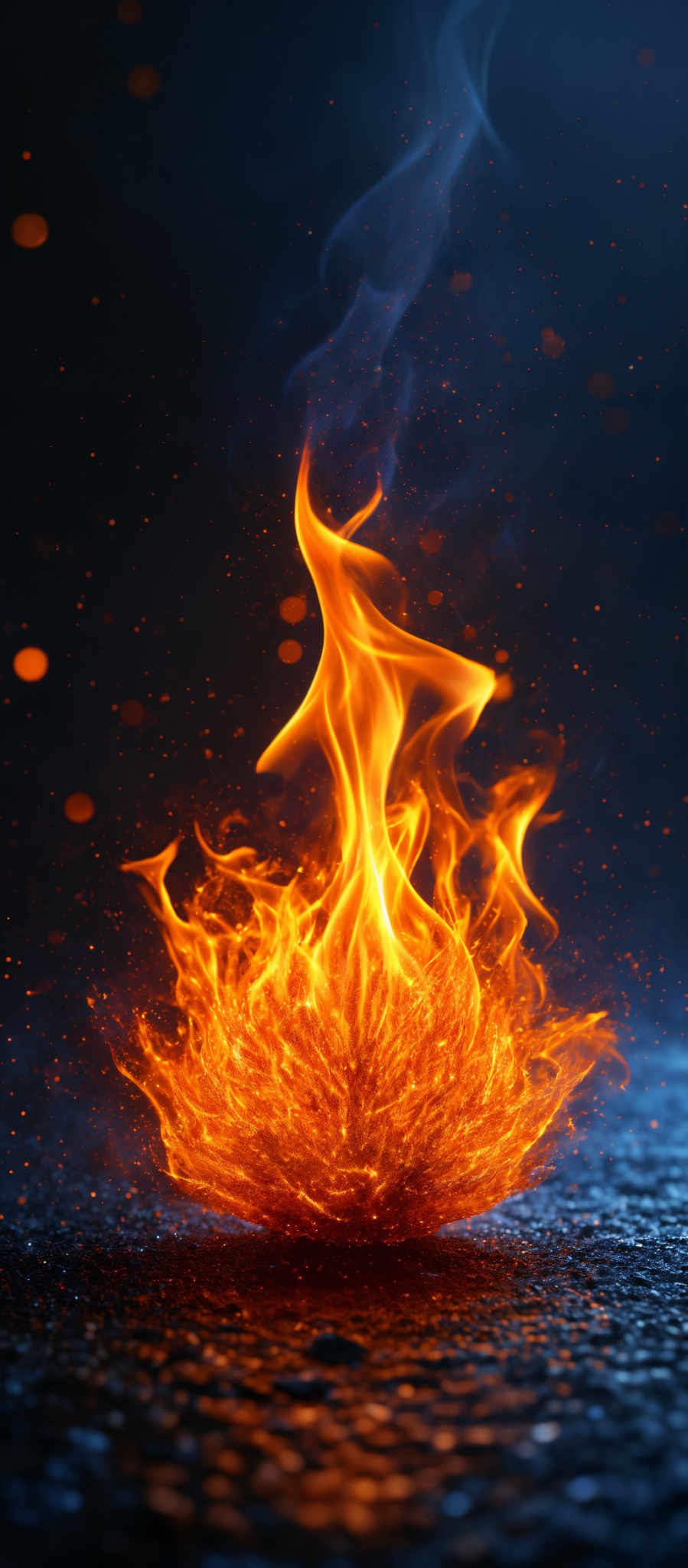 The image showcases a vibrant display of fire. The dominant colors are fiery orange and deep red, representing the flames. The fire takes on a unique shape, resembling a burst or explosion, with multiple tendrils of flames emanating outward. Surrounding the fire are sparks and embers that are scattered throughout, adding to the dynamic and intense atmosphere of the scene. The background is dark, which accentuates the brightness and warmth of the fire.