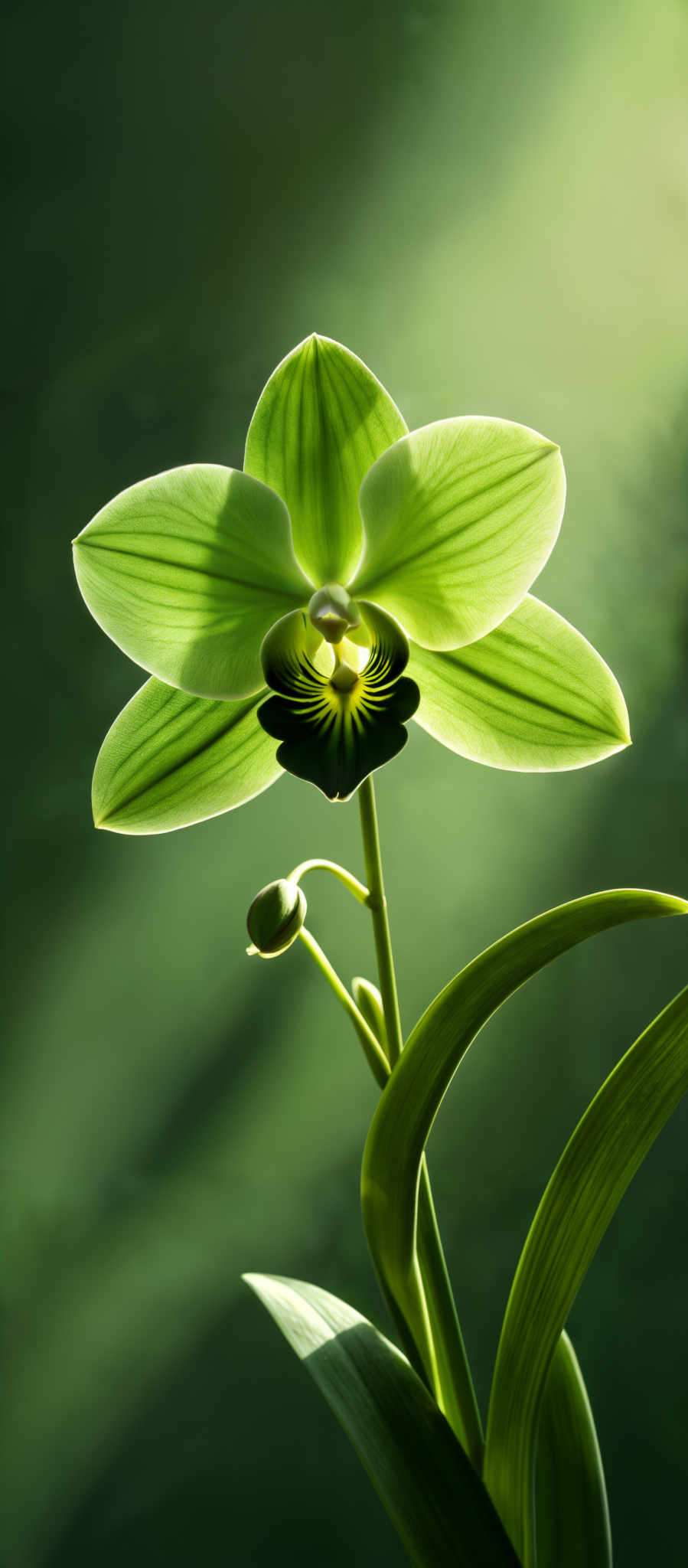 The image showcases a vibrant green orchid with prominent veins. The orchid has a unique shape with broad, overlapping petals that radiate outward. The center of the orchid is dark, possibly black or deep purple, with a yellowish-white streak. There are also two buds, one larger and one smaller, positioned below the main flower. The background is a gradient of green, creating a serene and natural ambiance.