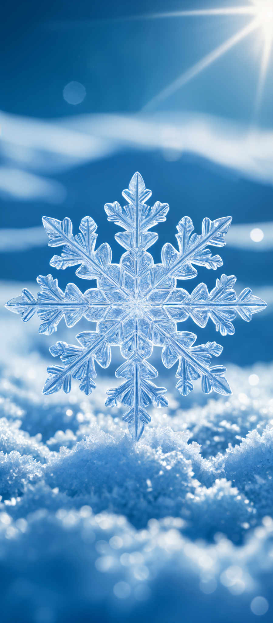 The image showcases a beautiful snowflake against a backdrop of snow and a bright sun. The snowflare is intricately designed with multiple pointed arms, each ending in a sharp tip. It is translucent and exhibits a crystalline structure. The surrounding snow appears to be gently packed, and the sunlight shining from the top casts a radiant glow, illuminating the snowflaw and creating a shimmering effect on the snow.