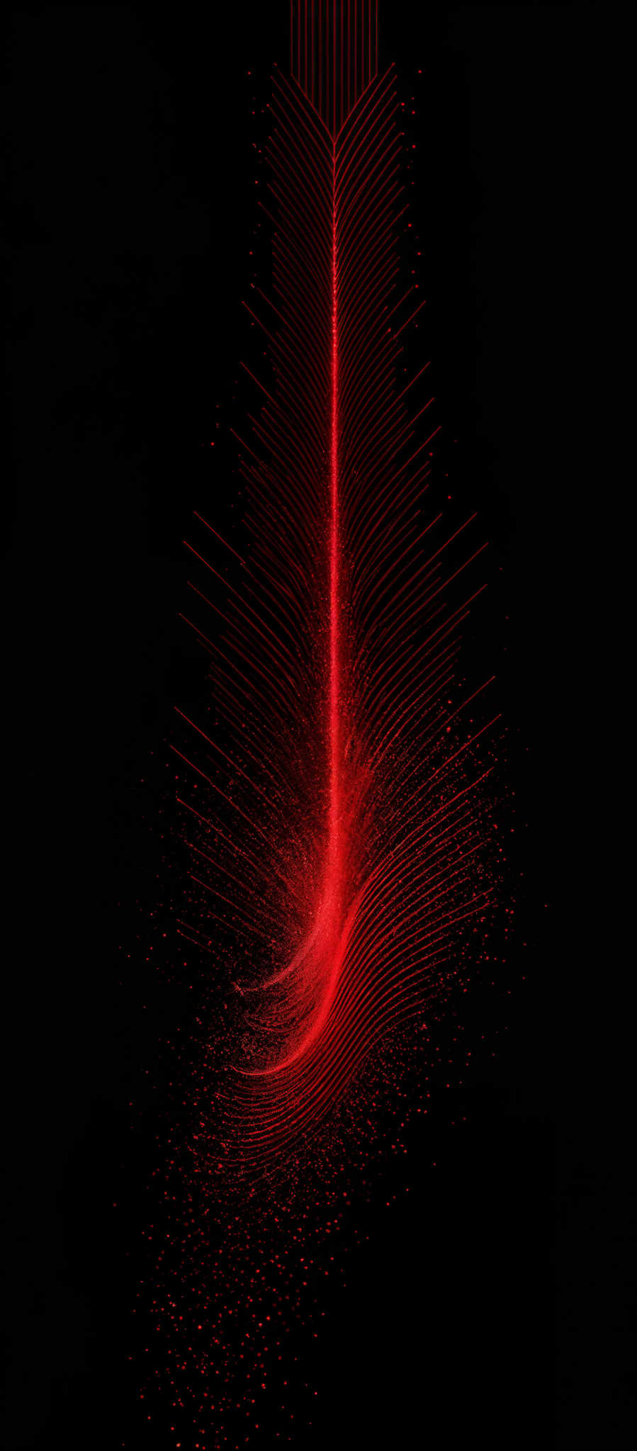 The image predominantly features a deep black background with a striking red, almost neon, feather-like shape in the center. This shape appears to be made up of multiple lines that converge towards a central point, creating an effect reminiscent of a burst or explosion. The lines radiate outwards, and at the base, there's a dispersal of small red particles, giving the impression of a dynamic, possibly explosive, event.