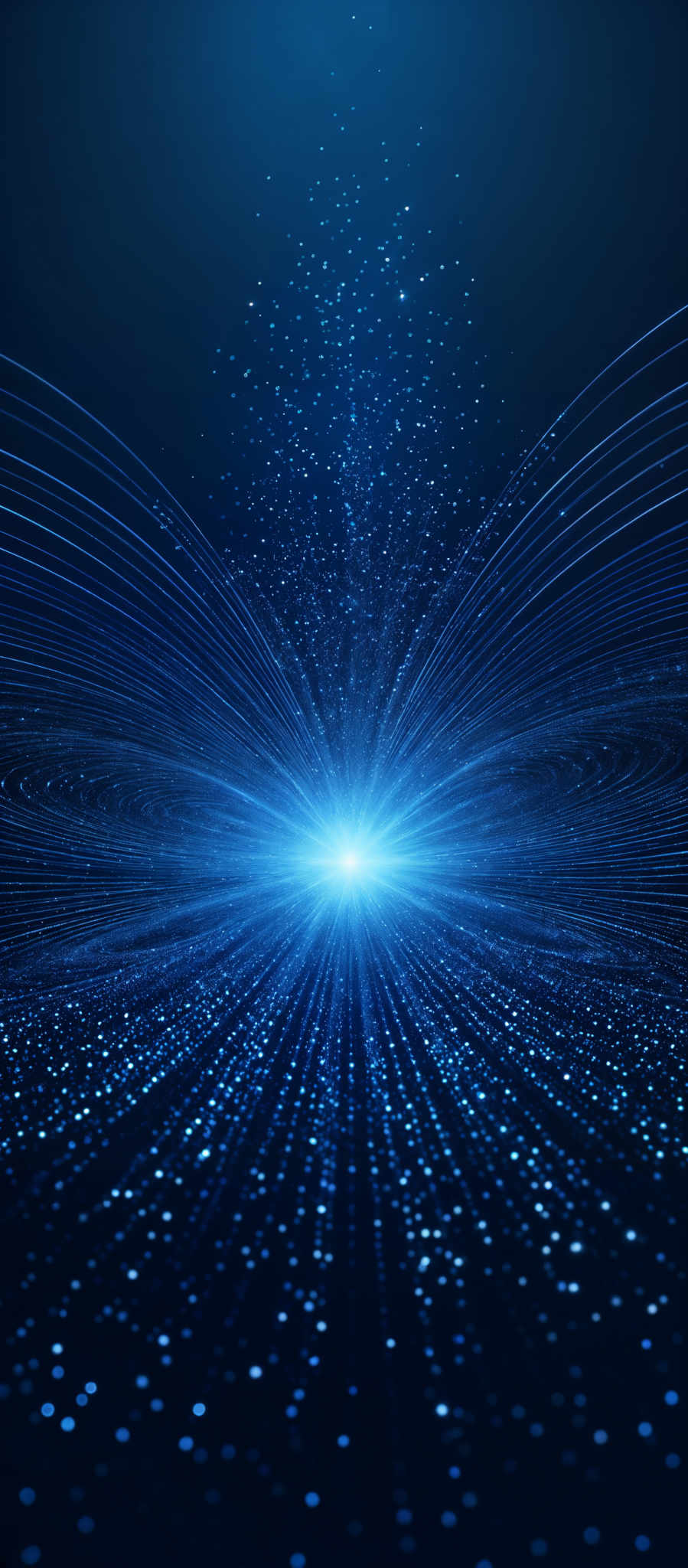 The image predominantly features shades of blue, ranging from deep navy to luminous cyan. The central portion of the image showcases an explosion or burst of light, radiating outwards in a symmetrical pattern. This light source emits a bright glow, illuminating the surrounding space. Surrounding the light source are intricate, swirling lines that appear to be made of light or energy, creating a sense of motion and dynamism. The entire scene is set against a deep blue background, which further accentuates the luminosity of the central light and the details of the surrounding patterns.