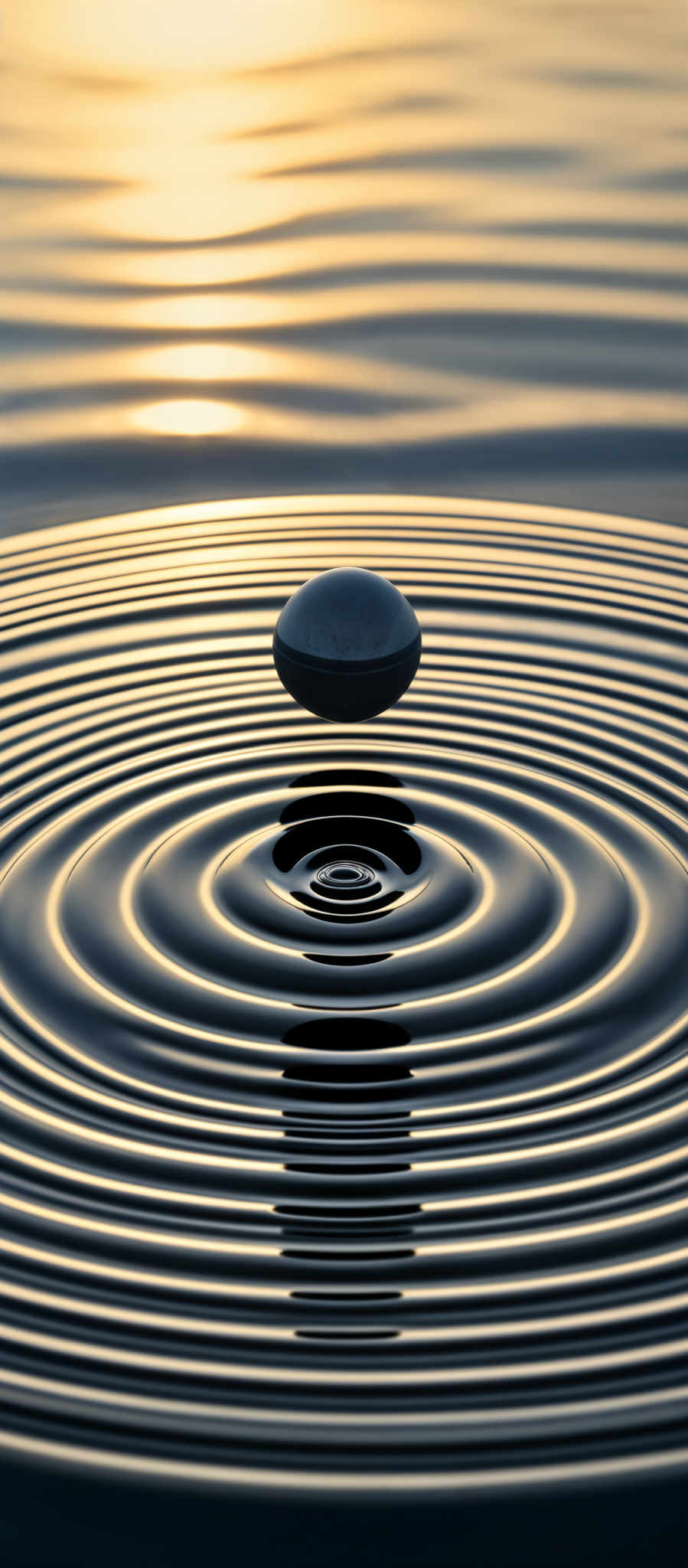 The image showcases a serene scene of concentric ripples on a body of water, likely caused by a droplet. The ripple patterns radiate outwards from a central point, creating a mesmerizing effect. The color palette is dominated by deep blues and silvers, with the sunlight creating a golden hue on the water's surface. Above the water, there's a small, oval-shaped object, possibly a stone or a dropplet, suspended in mid-air, further emphasizing the calm and tranquil nature of the scene.