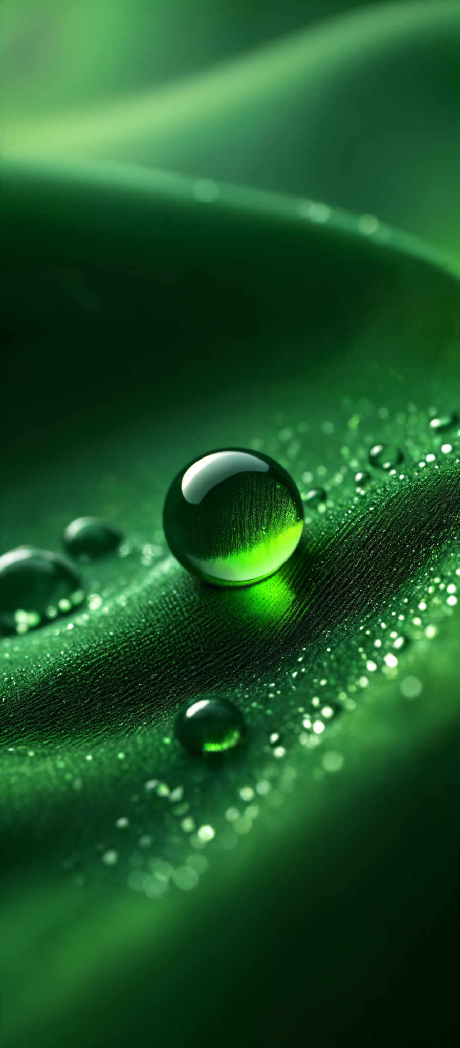 The image predominantly features shades of green. There are large, round droplets of water that are translucent, allowing us to see the internal structures of the droplet. These droplettes are placed on a textured surface that appears to be made of a fabric or material, which has smaller dropletes of water on it. The overall ambiance of the image is serene and evokes a sense of freshness and natural beauty.