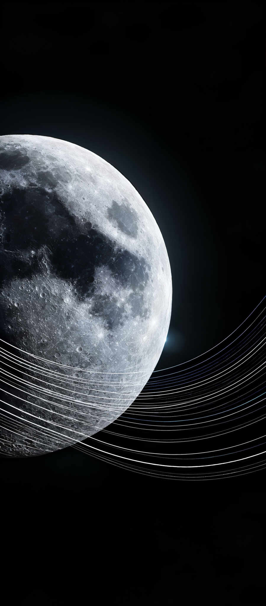 The image showcases a large, spherical celestial body, which appears to be the moon. The moon's surface is depicted with varying shades of gray, indicating the presence of craters and other geological features. The background is a deep black, representing the vastness of space. In the foreground, there are multiple white, curved lines that seem to be moving or swirling around the moon, creating a dynamic and abstract visual effect.