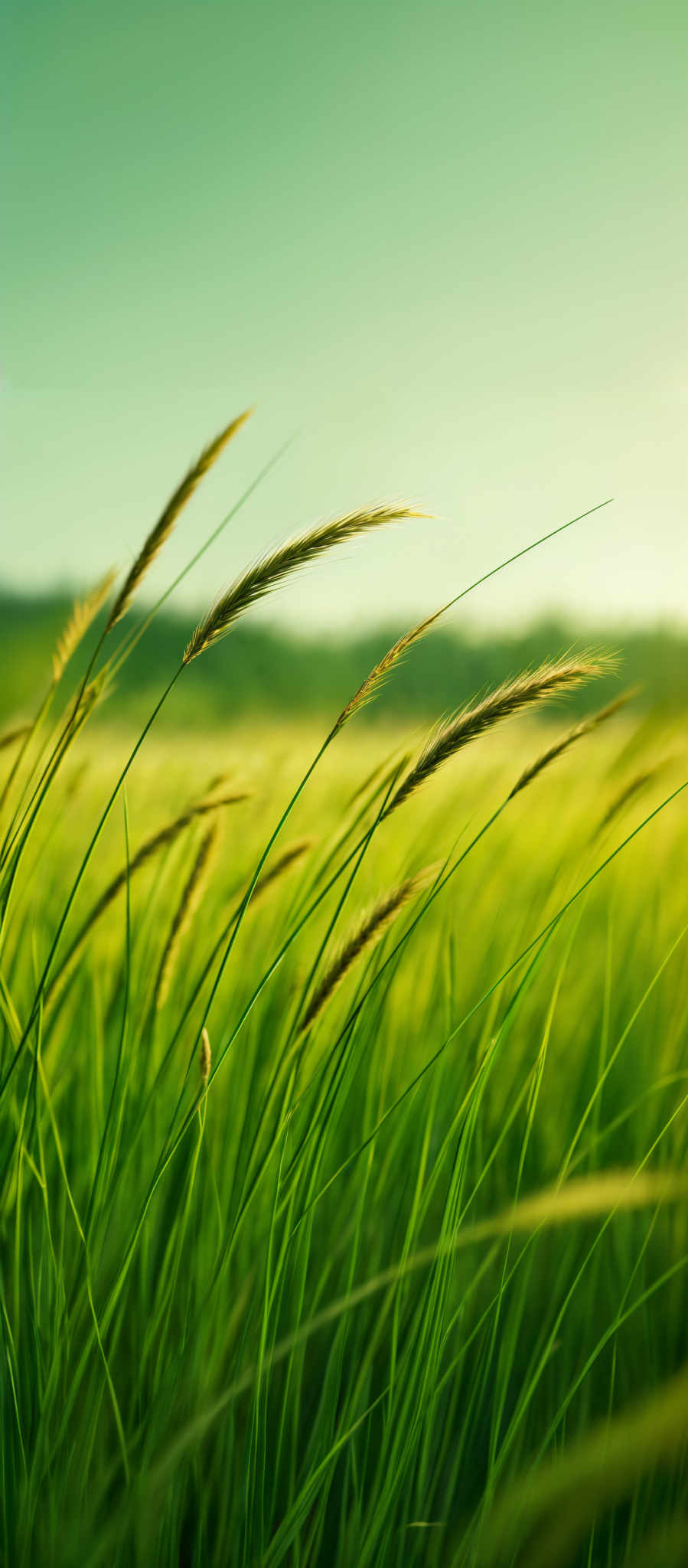 The image showcases a vibrant green field with tall grasses swaying in the wind. The grasses have slender stems and are adorned with feathery, golden-brown heads. The background reveals a clear blue sky with a hint of distant hills or mountains. The overall ambiance of the image is serene and natural, capturing the essence of a peaceful countryside.