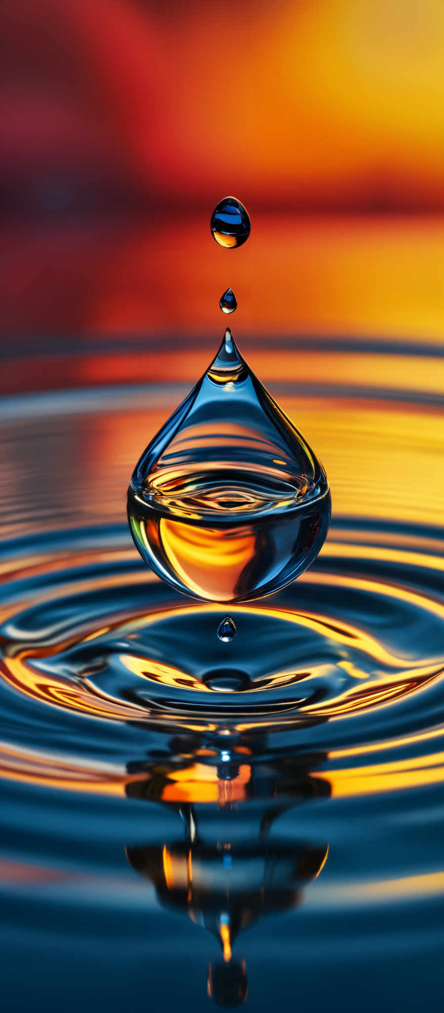 The image showcases a vibrant and colorful scene. At the center, there's a water droplet that appears to have captured a reflection of the sky, displaying hues of orange, yellow, and blue. This droplett is suspended above another smaller droplets, creating a sense of balance. The surrounding water displays ripples, reflecting the same colors from the sky. The background is a gradient of warm colors, transitioning from a deep red at the top to a golden yellow at the bottom, suggesting a sunset or sunrise.