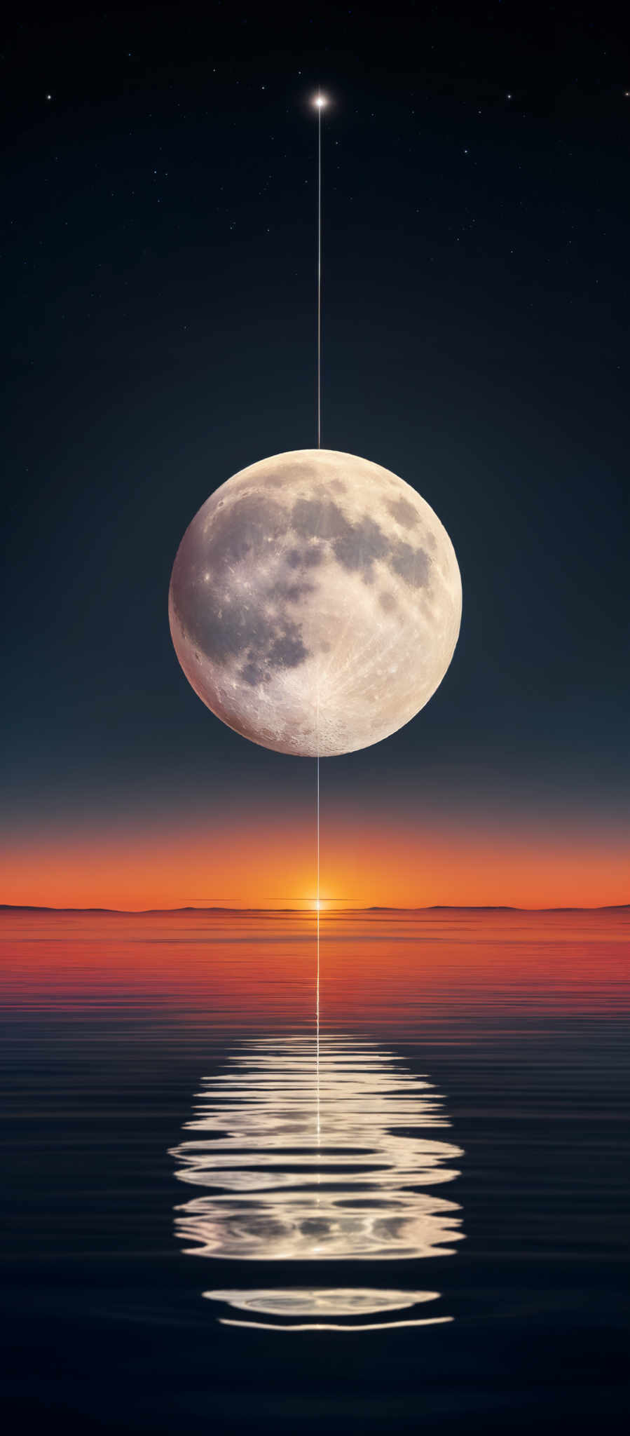 The image showcases a surreal scene where a large, luminous moon hangs vertically above a calm body of water. The moon is depicted with a detailed surface showing craters and a glowing halo. Above the moon, a thin, bright line extends upwards, leading to a distant star or perhaps another celestial body. The horizon reveals a vivid sunset with hues of orange and red, reflecting on the water below. The sky is dark, dotted with stars, adding to the mystical ambiance of the scene.