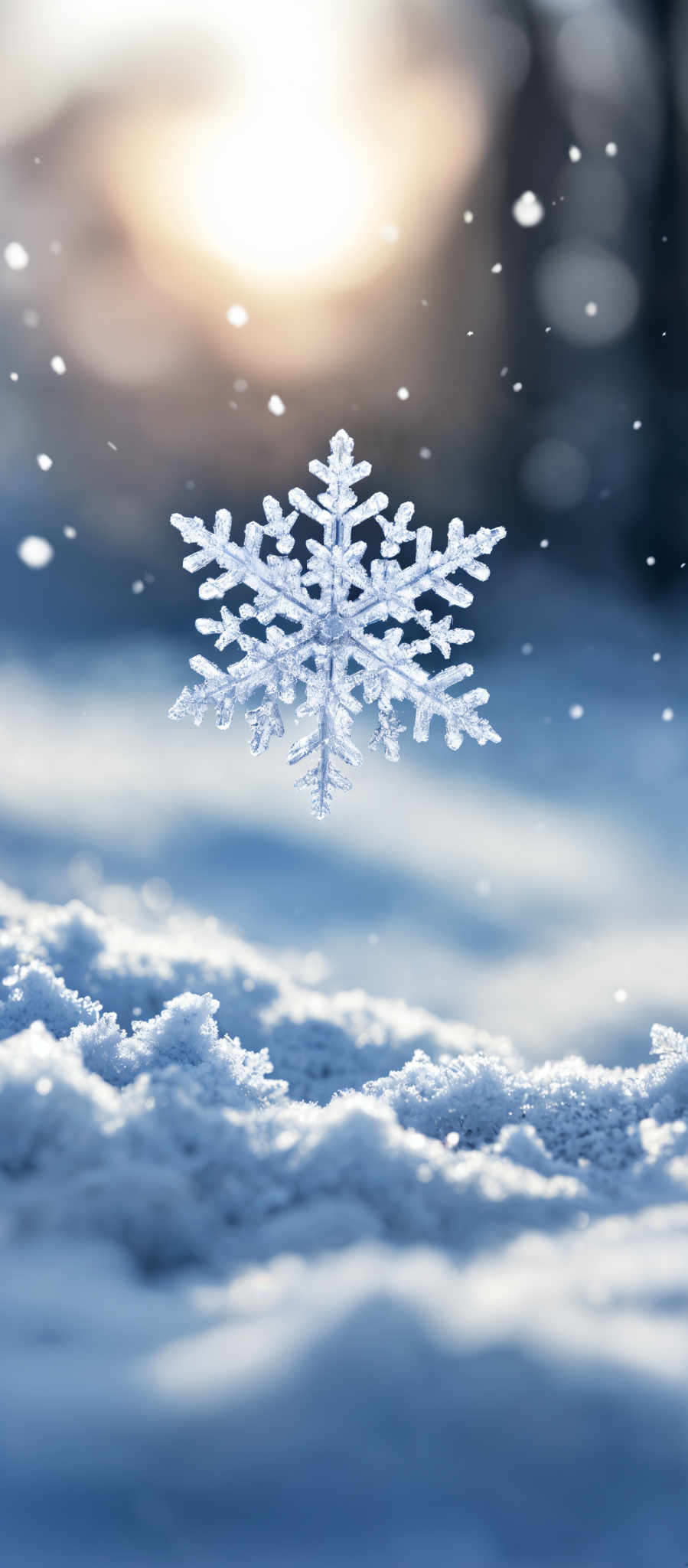 The image predominantly features cool tones of blue and white. The main focus is a beautifully detailed snowflake, which is translucent and exhibits intricate patterns. It's set against a backdrop of falling snowflaps and a blurred snowy landscape, illuminated by a soft glow, possibly from the sun.