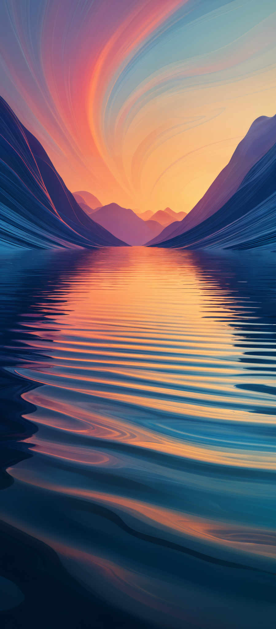 The image showcases a vibrant and colorful landscape. The sky is painted with hues of pink, orange, and blue, creating a swirling effect that gives the impression of a dynamic, flowing pattern. Below the sky, there are undulating mountains with shades of blue and purple. The mountains are reflected perfectly in a calm body of water, which has ripples that mirror the colors of the sky. The overall composition is serene, with the interplay of colors creating a sense of tranquility and wonder.