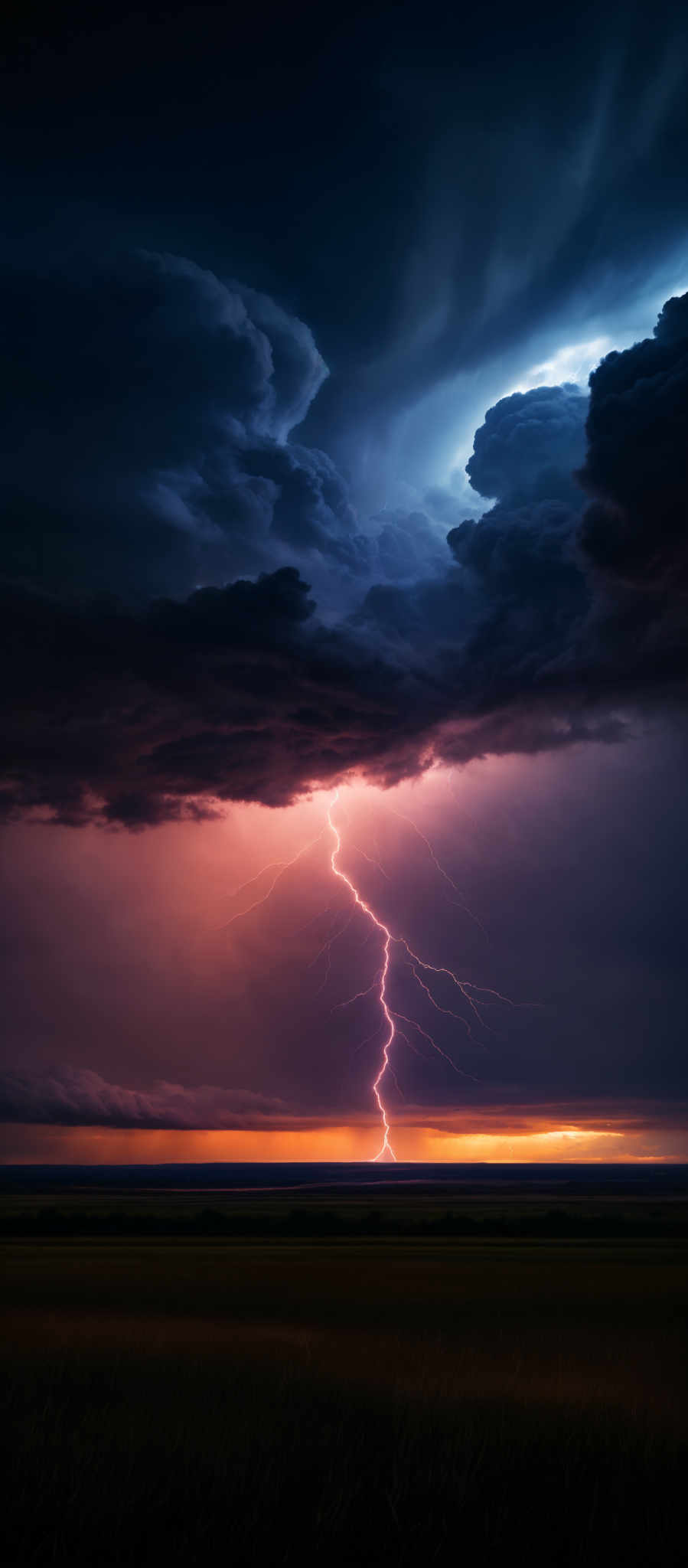 The image showcases a dramatic and intense scene of nature. Dominating the sky are dark, ominous clouds with varying shades of blue and gray. A vivid streak of lightning, bright pink and white, cuts through the clouds, striking the horizon. The horizon itself is painted with hues of orange and yellow, suggesting either a sunrise or sunset. Below, there's a vast expanse of what appears to be a grassy field, with the grass swaying, possibly due to the wind. The overall mood of the image is one of awe and power, capturing the raw force and beauty of nature's elements.