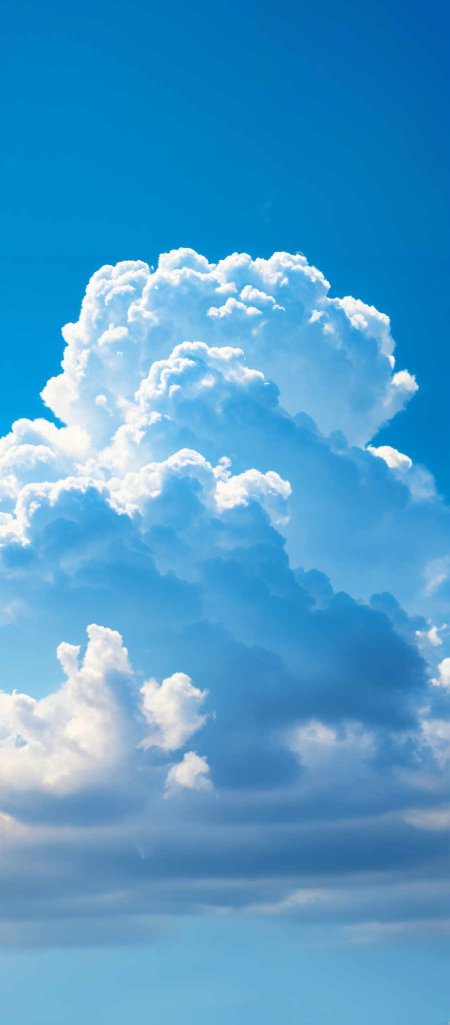 The image showcases a vast expanse of blue sky with fluffy white clouds. The clouds are densely packed and exhibit a variety of shapes, ranging from cumulus to cumulonimbus. The colors are predominantly shades of blue and white, with the white clouds appearing lighter and more vibrant against the deep blue backdrop.