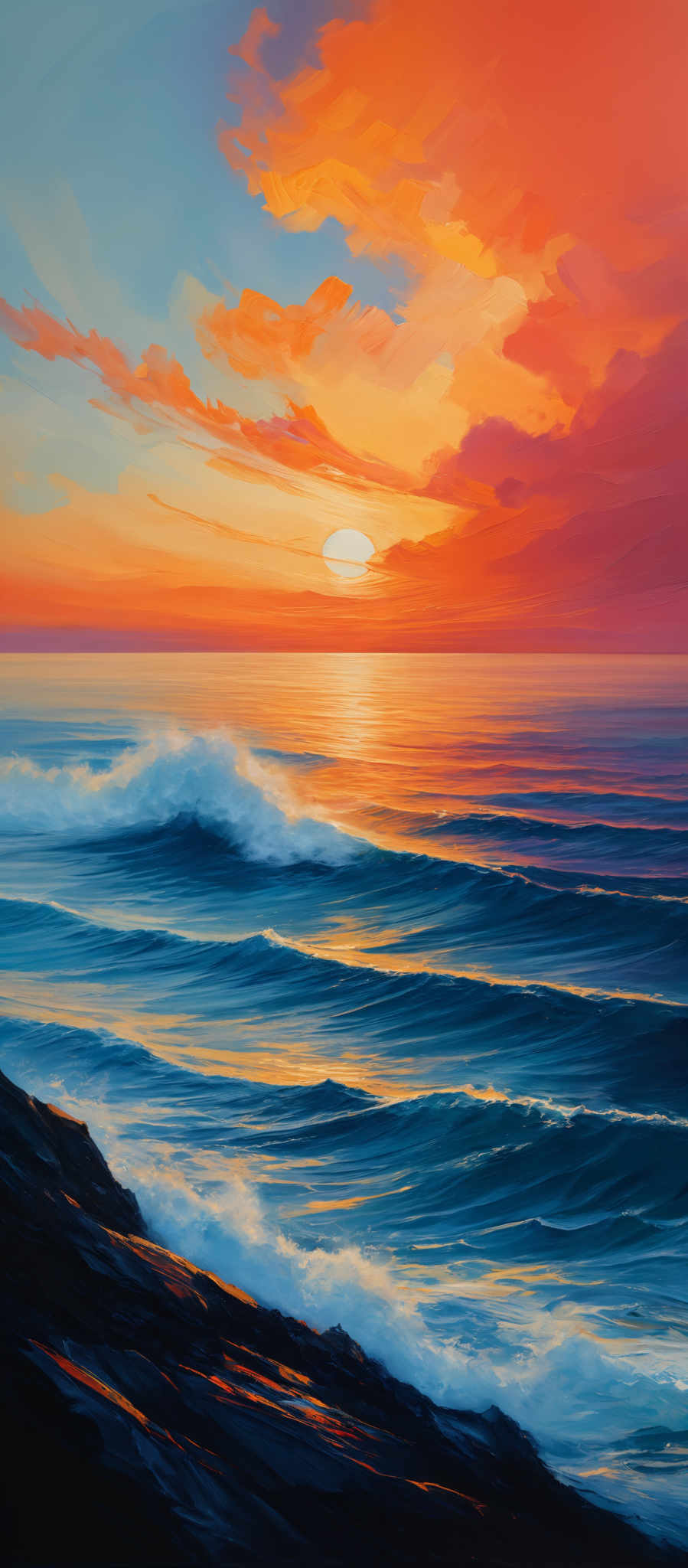 The image showcases a vibrant sunset over the ocean. The sky is painted with hues of orange, pink, and blue, with the sun near the horizon casting a golden glow. The clouds are painted in a mix of orange and pink shades, giving the impression of a fiery sunset. The ocean below reflects the colors of the sky, with waves crashing onto a rocky shore. The waves are depicted with a mix blue and white, capturing the motion and energy of the sea.