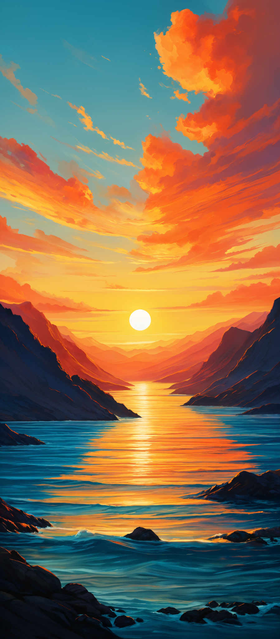 The image showcases a breathtaking sunset over a serene body of water. The sky is painted with a myriad of colors, ranging from deep blues to fiery oranges and reds. The sun, positioned near the horizon, emanates a radiant glow that reflects upon the water, creating a shimmering pathway. The silhouette of rugged mountains forms a boundary on either side of the water body, adding depth and contrast to the scene. The water itself is calm, with gentle waves lapping against the rocky shores.