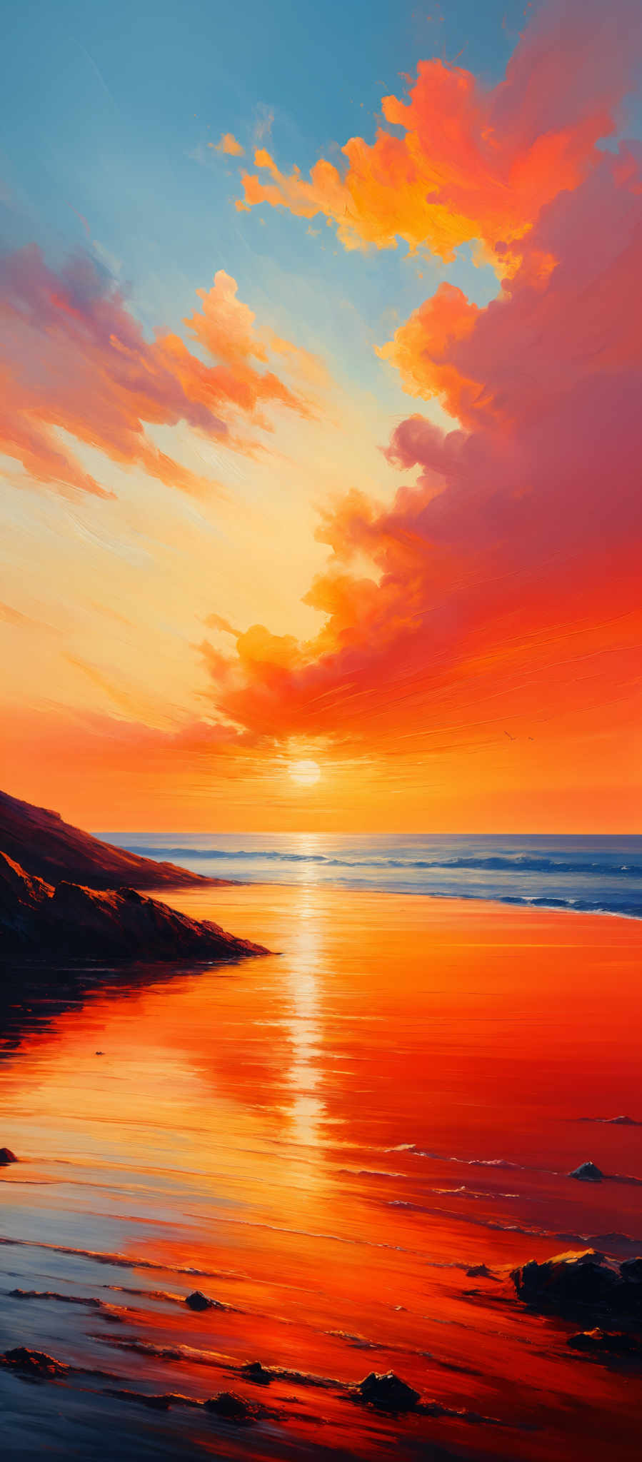 The image showcases a vibrant sunset over a beach. The sky is painted with a myriad of colors, ranging from deep blues at the top to fiery oranges and reds near the horizon. The sun is depicted as a bright, glowing orb, casting a golden reflection on the calm waters below. The beach has dark, rugged cliffs on the left, and the water is dotted with small rocks and pebbles. The overall ambiance of the image is serene and tranquil, capturing the beauty of nature.