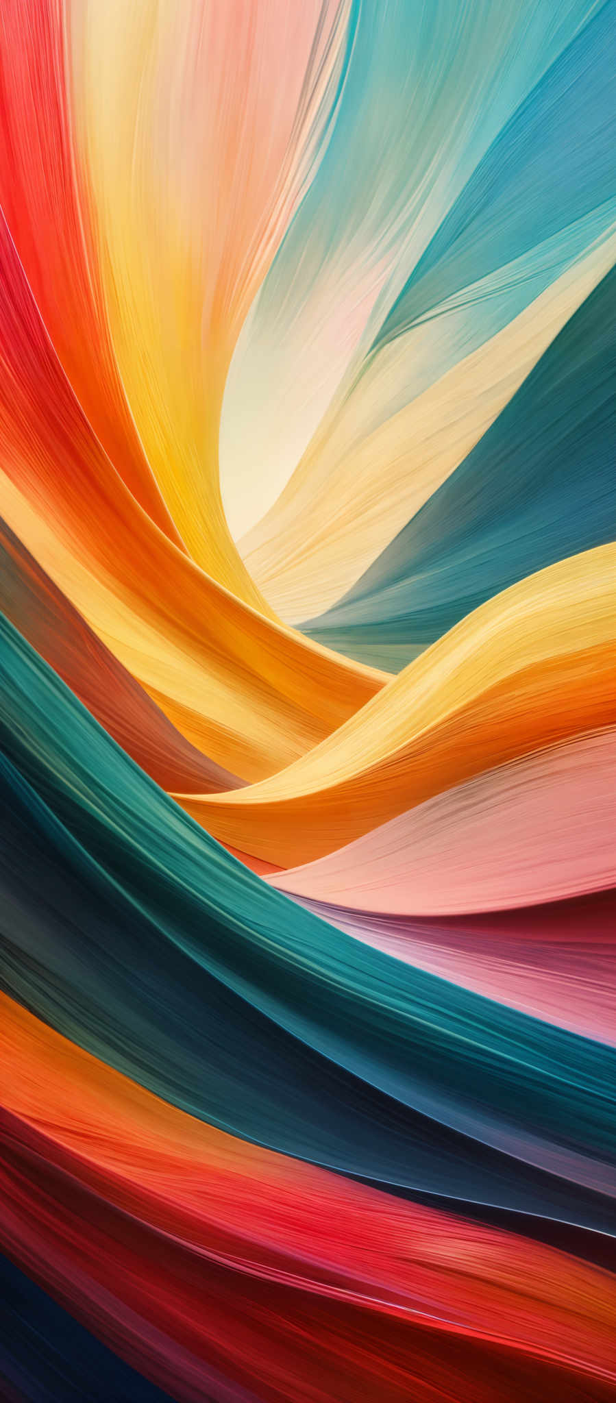 The image showcases a vibrant and colorful abstract pattern. The dominant colors include shades of red, orange, yellow, blue, and green. The shapes are fluid and wavy, resembling flowing fabric or waves. The design appears to be a mix of swirling patterns and layered color bands, creating a dynamic and visually appealing effect.