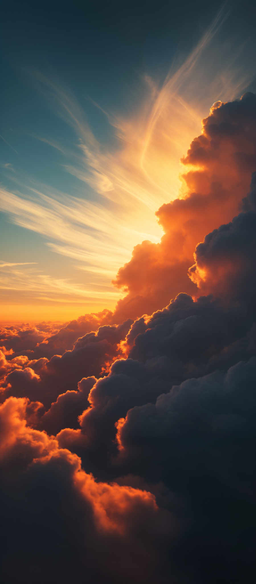 The image showcases a breathtaking view of the sky during what appears to be either sunrise or sunset. The sky is dominated by a gradient of colors, transitioning from deep blues at the top to fiery oranges and reds near the horizon. The clouds are thick and voluminous, with some appearing dark and others illuminated by the golden hues of the sun. The sun itself is partially obscured by the clouds, casting a radiant glow that illuminates the clouds below.