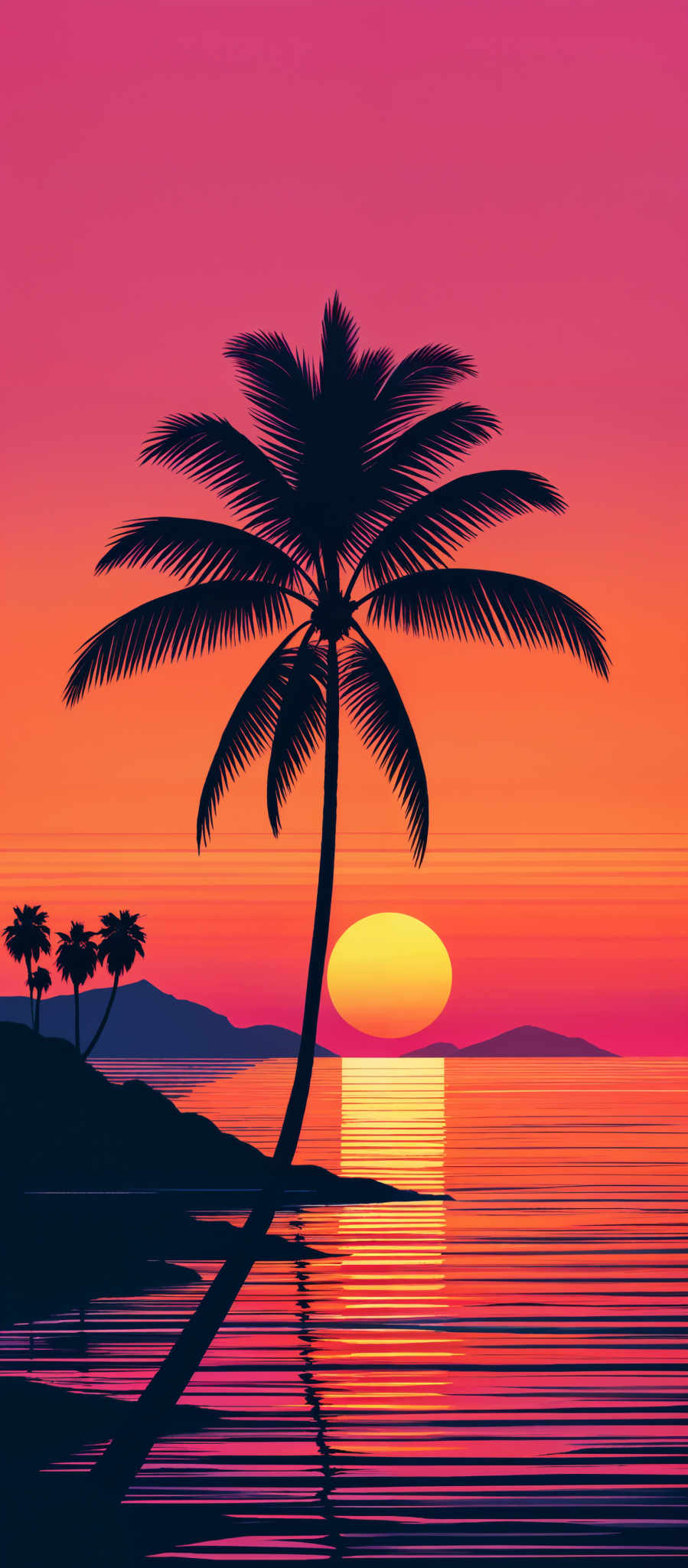 The image showcases a vibrant sunset with a gradient of colors ranging from deep pink to fiery orange. Dominating the foreground is a tall palm tree with its leaves swaying, silhouetted against the radiant backdrop. The sun is depicted as a large, glowing orb, casting a reflection on the calm waters below. In the distance, there are smaller silhouettes of other palm trees, and beyond them, the outline of a mountain range can be seen.