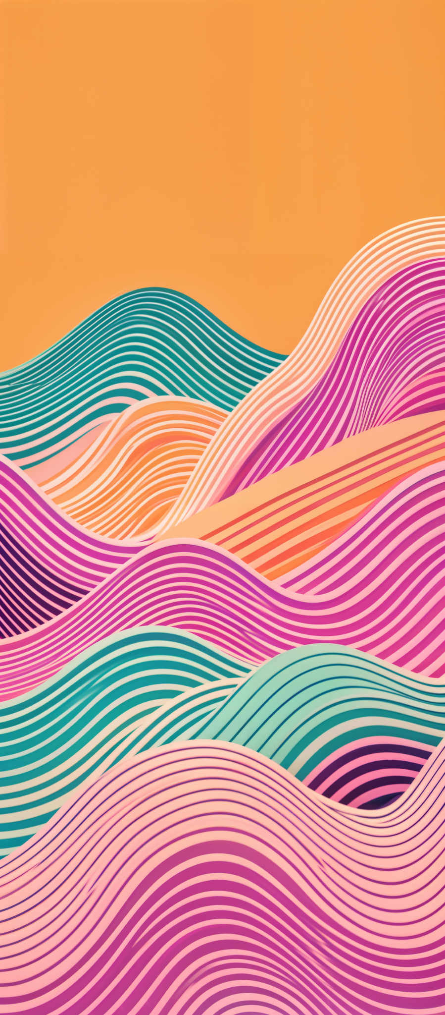 The image showcases a vibrant and colorful abstract design. It features layered, wavy lines in a variety of hues including pink, purple, blue, and orange. These lines create a sense of depth and movement, reminiscent of a topographical map or a flowing river. The background is a solid, bright yellow color which contrasts and highlights the vividness of the colorful patterns.