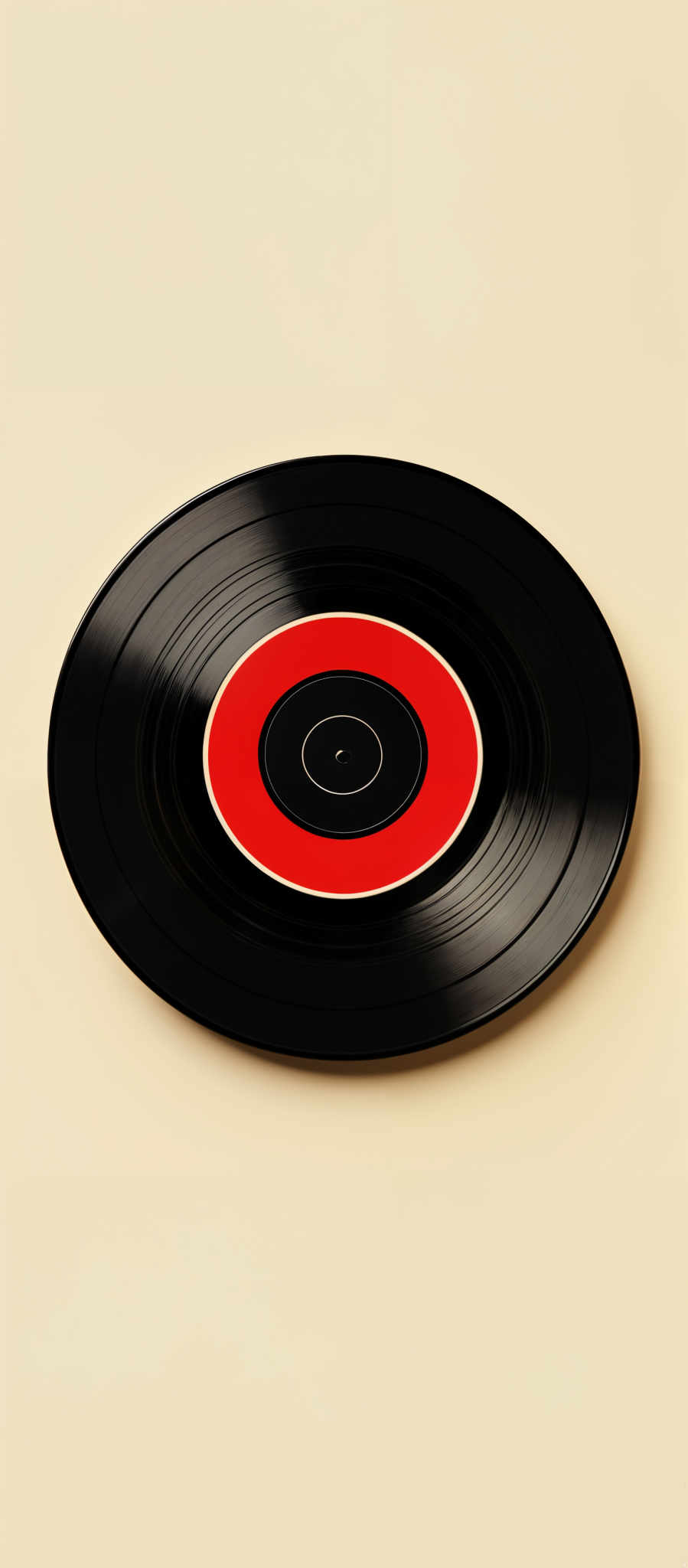 The image showcases a vinyl record with a circular shape. The record is predominantly black with a vibrant red center. On the red center, there's a small white circle, which is typically where the record label would be. The background of the image is a soft beige or tan color.