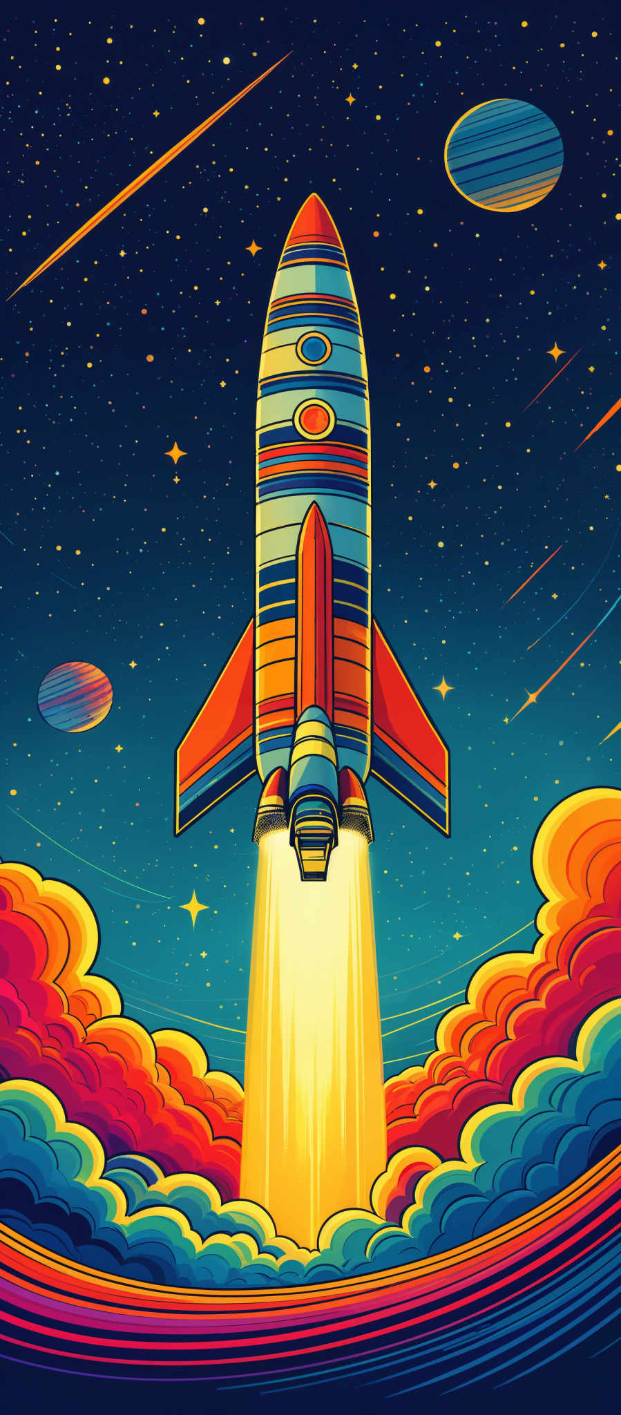 The image showcases a vibrant and colorful depiction of outer space. Dominating the center is a rocket with a striped design, adorned with circular patterns and a bright flame at its base. The rocket is set against a backdrop of a starry night sky, with planets and shooting stars adding to the cosmic ambiance. Below the rocket, there's a vivid display of colorful clouds, transitioning from deep blues to fiery reds and oranges. The overall theme is one of exploration and wonder, invoking feelings of awe and curiosity.