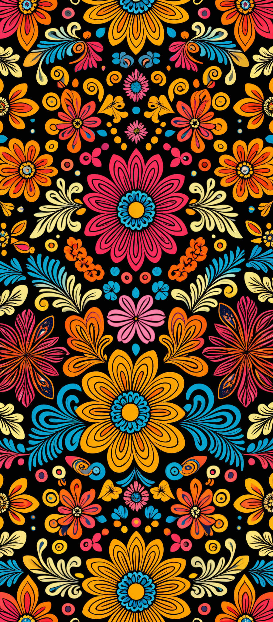 The image showcases a vibrant and colorful pattern of flowers and leaves. The flowers are intricately designed with a mix of bright colors such as pink, orange, yellow, and blue. They have various petal shapes, some resembling daisies and others with more complex structures. The leaves are also colorful, with shades of green, pinkish-red, and yellow. The overall design is symmetrical, and the background is black, which makes the colors pop and create a striking contrast.