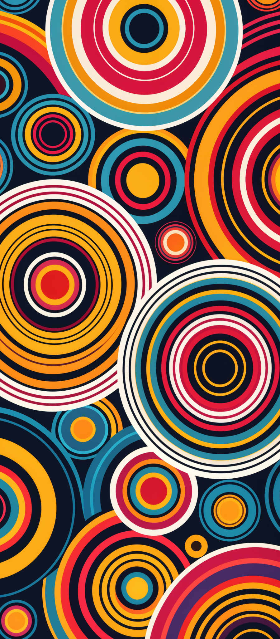 The image showcases a vibrant and intricate pattern of concentric circles. These circles come in a plethora of colors including red, blue, yellow, orange, and white. The patterns are overlapping, creating a sense of depth and dimension. The design is reminiscent of the psychedelic art style, often associated with the 1960s and 1800s.